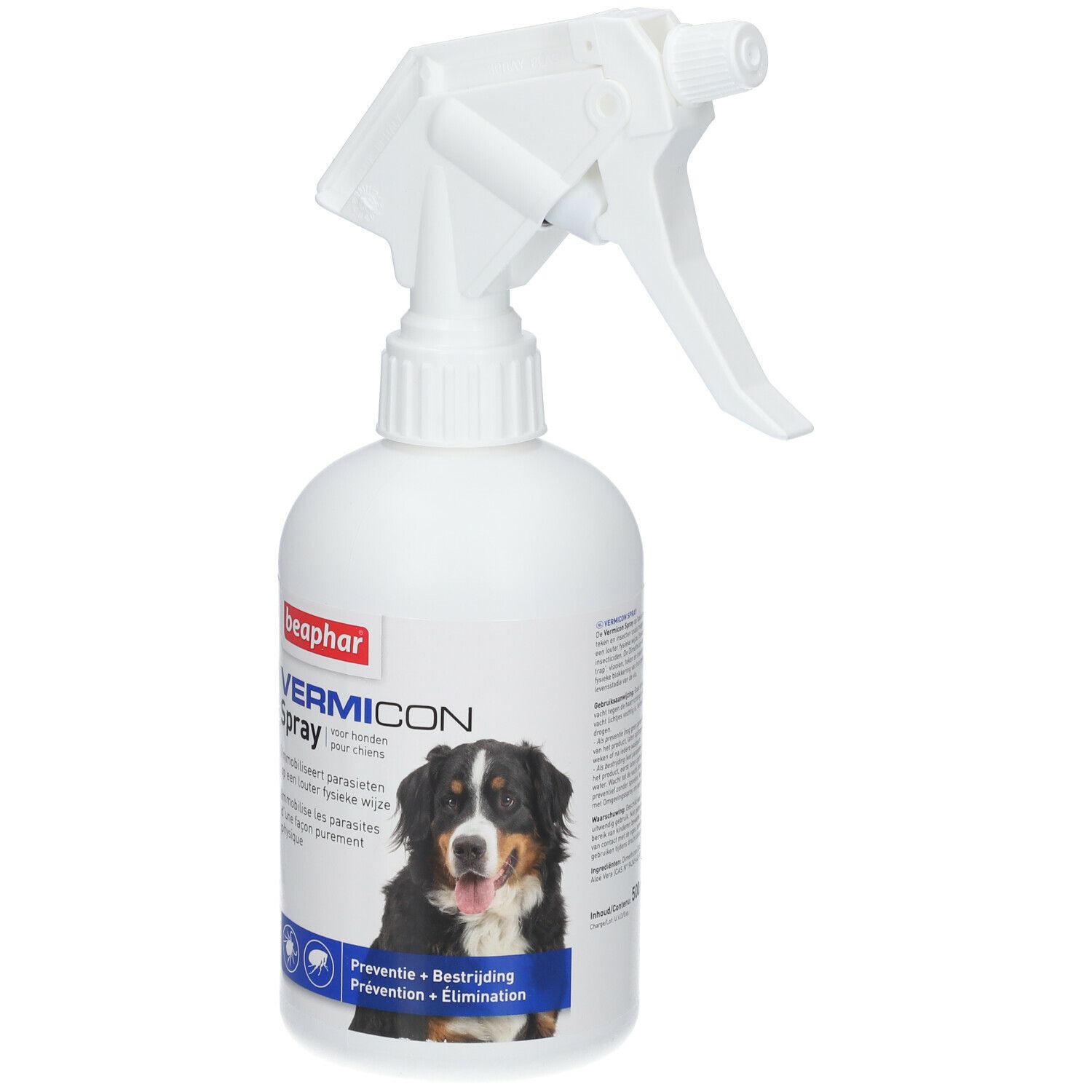 Witte sprayfles met sproeikop. Opschrift: beaphar, Vermicon Spray. Afbeelding van een hond. Tekst: Preventie + Bestrijding + Eliminatie.