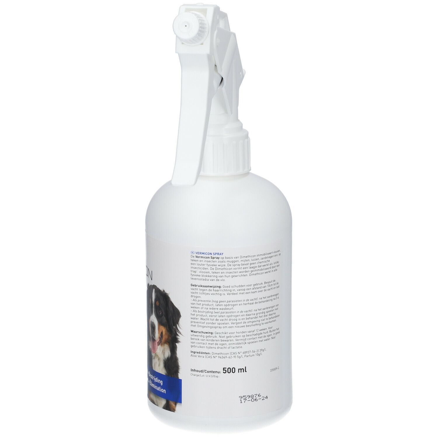 Witte sprayfles met sproeikop. Opschrift: beaphar, Vermicon Spray. Afbeelding van een hond. Tekst: Preventie + Bestrijding + Eliminatie. 500 ml.