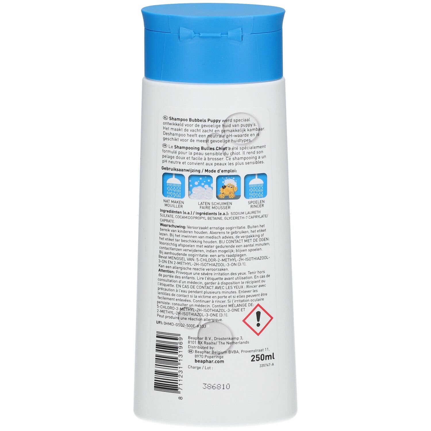 Witte fles met blauwe dop. Tekst en illustraties op het etiket. 250ml. Merk Beaphar.