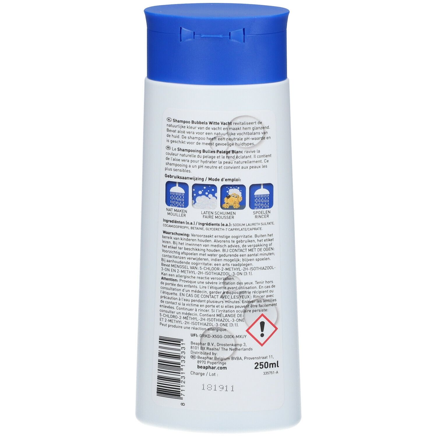 Fles shampoo voor witte vacht. Blauwe dop, witte fles. Meertalige tekst. 250ml.