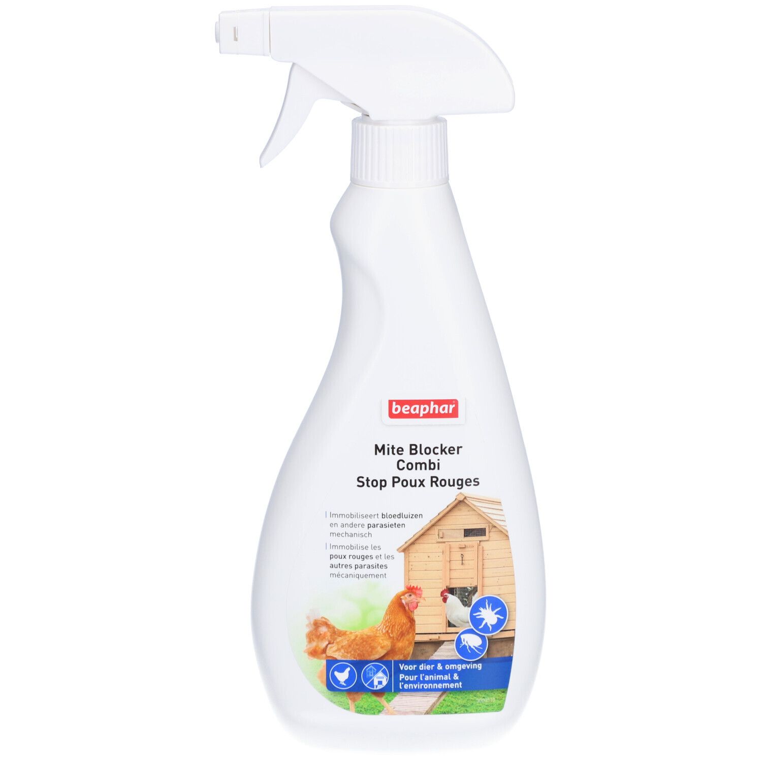 Flacon pulvérisateur blanc avec logo Beaphar et nom du produit Mite Blocker Combi. Illustration de poulets et d'un poulailler.