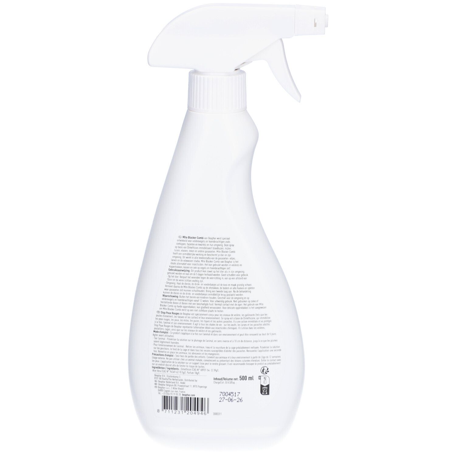 Dos d'un flacon pulvérisateur blanc. Texte en plusieurs langues. Contient des informations sur le produit et son utilisation.