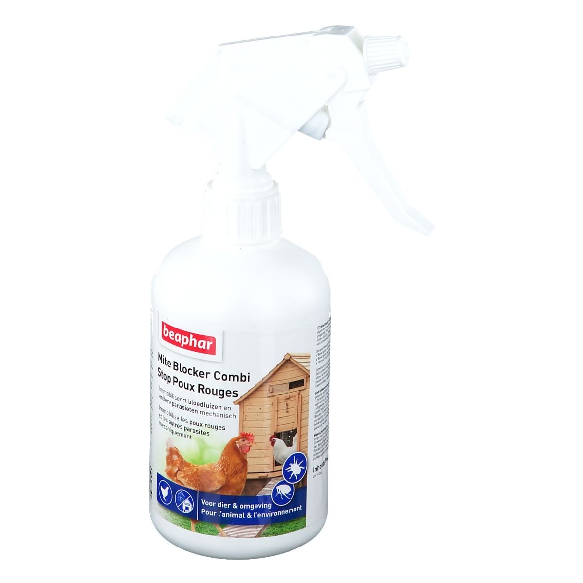 Flacon pulvérisateur blanc avec logo Beaphar et nom du produit Mite Blocker Combi. Illustration de poulets et d'un poulailler.