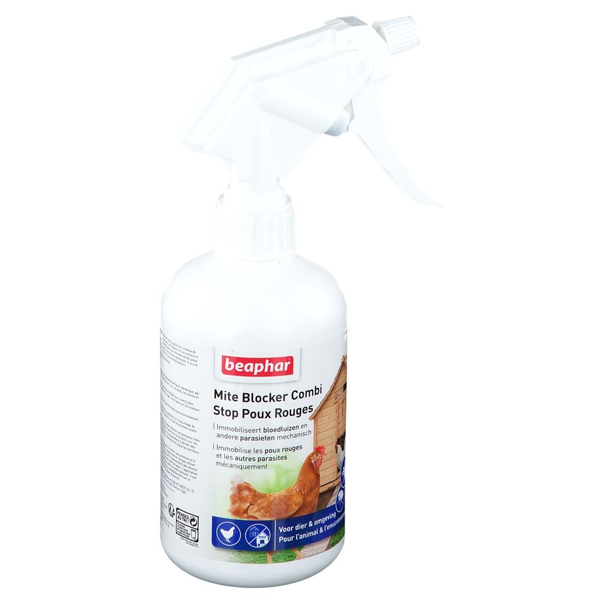 Flacon pulvérisateur blanc avec logo Beaphar et nom du produit Mite Blocker Combi. Illustration de poulets et d'un poulailler.