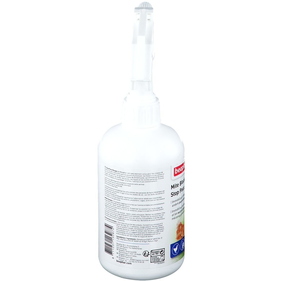 Dos d'un flacon pulvérisateur blanc. Texte en plusieurs langues. Contient des informations sur le produit et son utilisation.