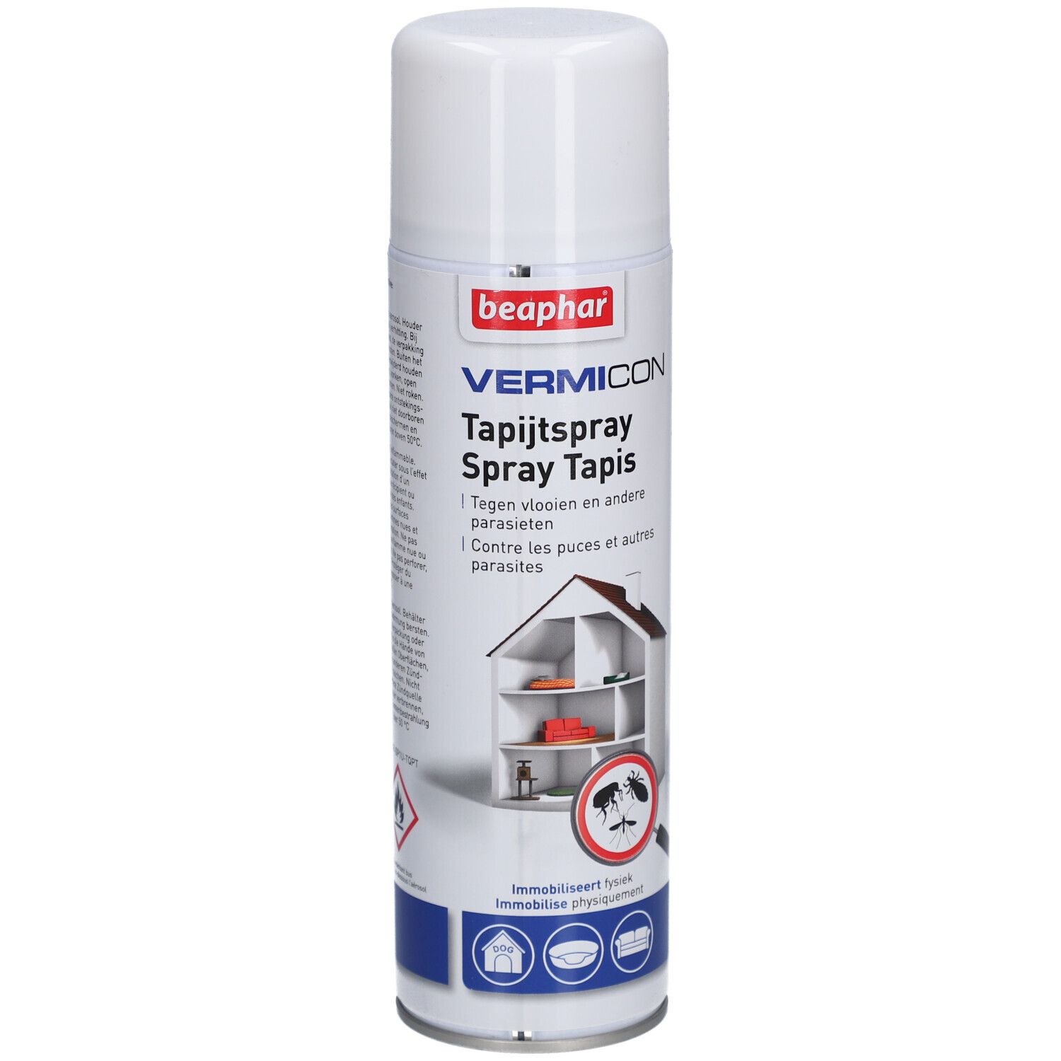 Weiße Spraydose mit Produktnamen und Logo. Enthält Illustrationen von Haus und Insekten. Text in Niederländisch und Französisch.