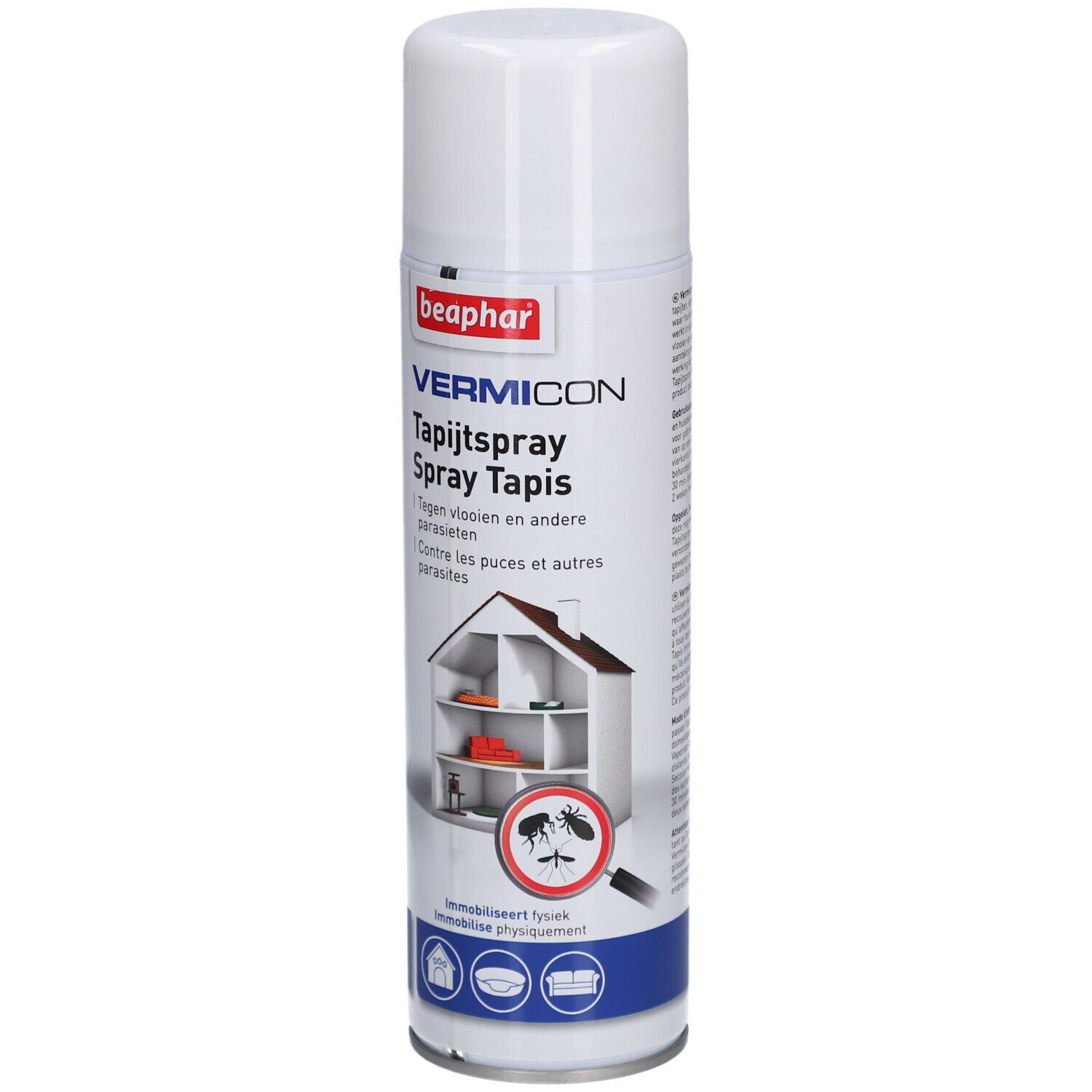 Weiße Spraydose mit Produktnamen und Logo. Enthält Illustrationen von Haus und Insekten. Text in Niederländisch und Französisch.