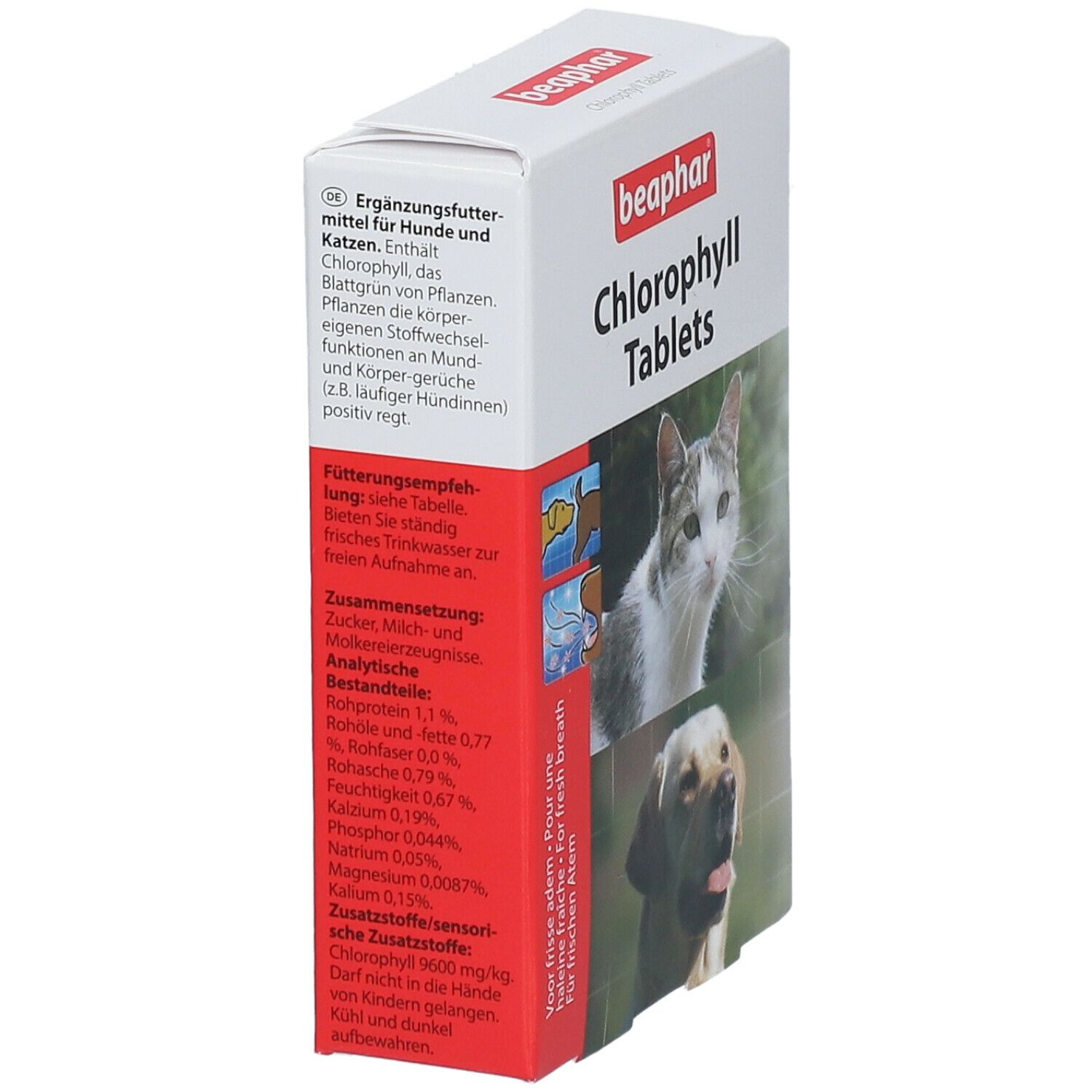 Beaphar Chlorophyll Tablets. Weiße Schachtel mit Produktname und Text. Abbildungen von Hund und Katze. Detailansicht der Verpackung.
