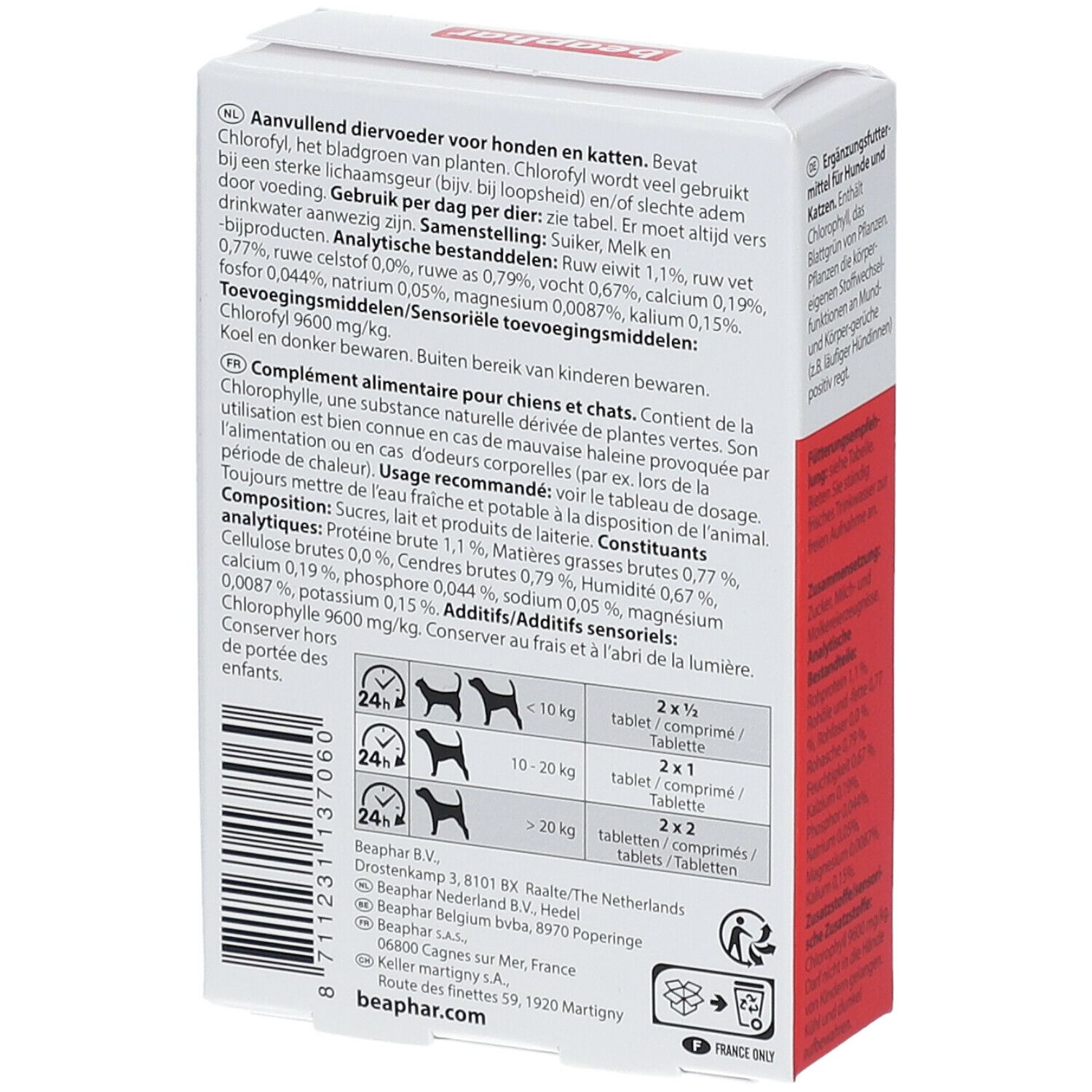 Rückseite der Beaphar Chlorophyll Tablets Verpackung. Text in mehreren Sprachen. Dosierungsempfehlung für Hunde und Katzen.