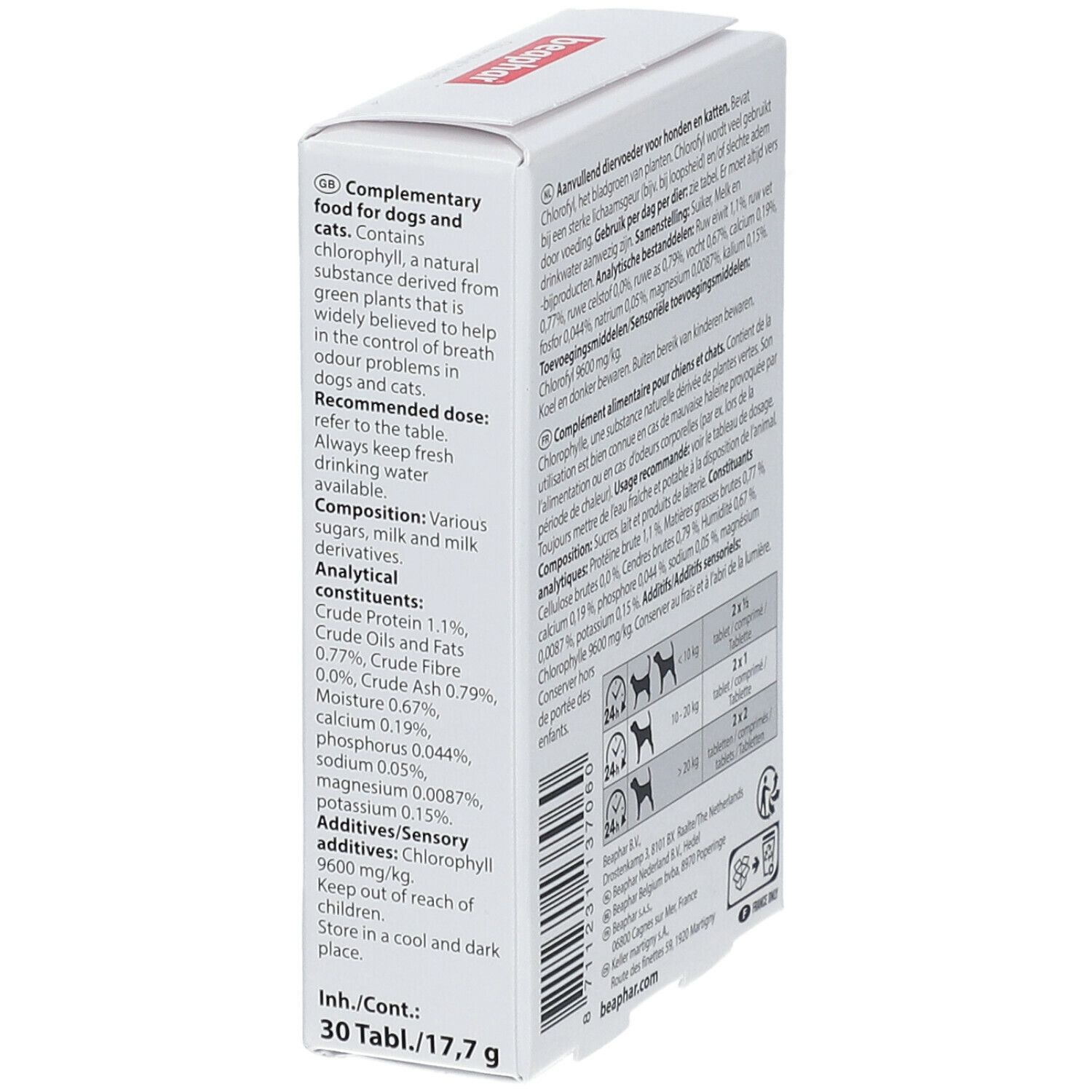 Beaphar Chlorophyll Tablets Verpackung. Text in mehreren Sprachen. Seitenansicht mit Produktinformationen und Dosierung.