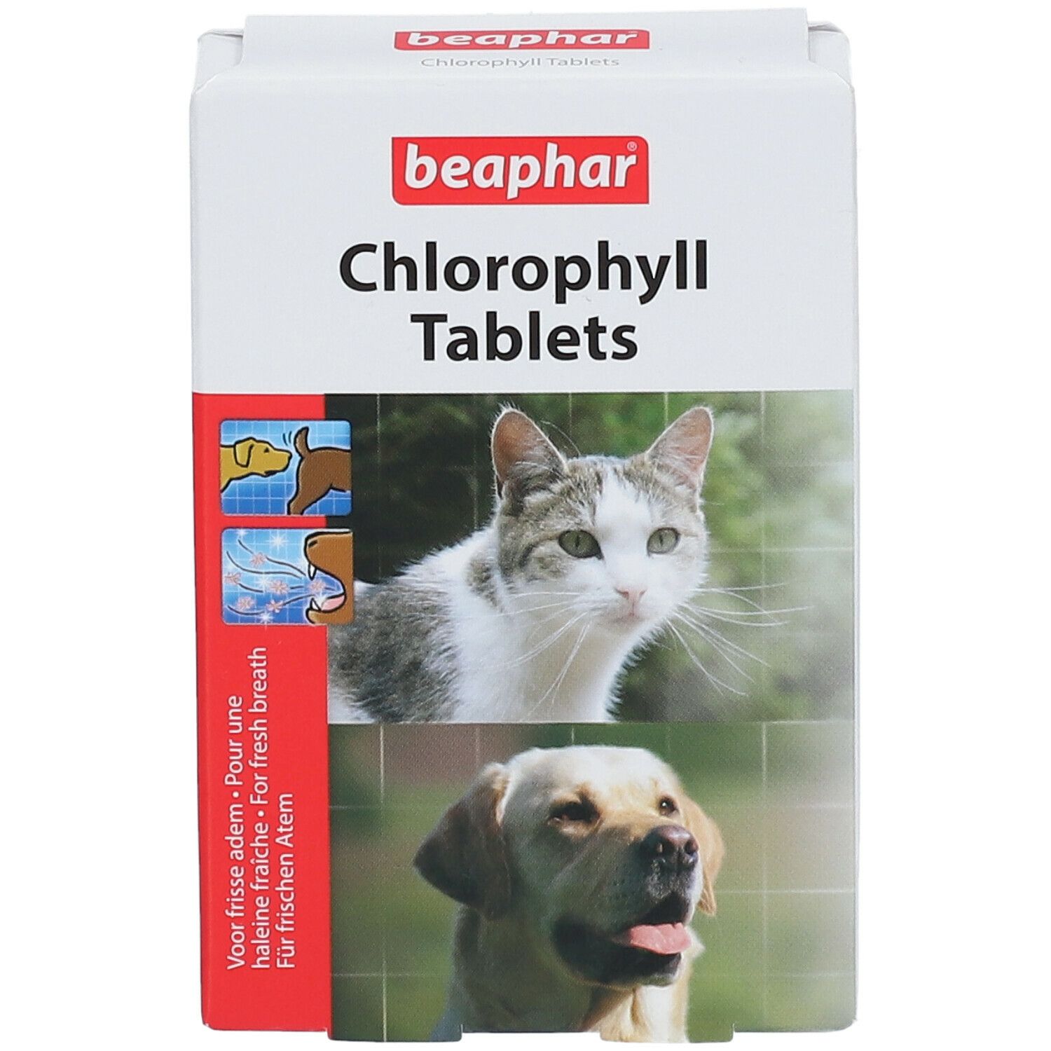 Beaphar Chlorophyll Tablets. Weiße Schachtel mit Produktname und Abbildungen von Hund und Katze. Text: Für frischen Atem.