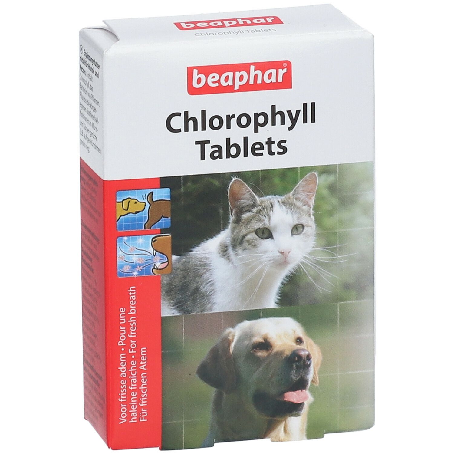 Beaphar Chlorophyll Tablets. Weiße Schachtel mit Produktname und Abbildungen von Hund und Katze. Text: Für frischen Atem.