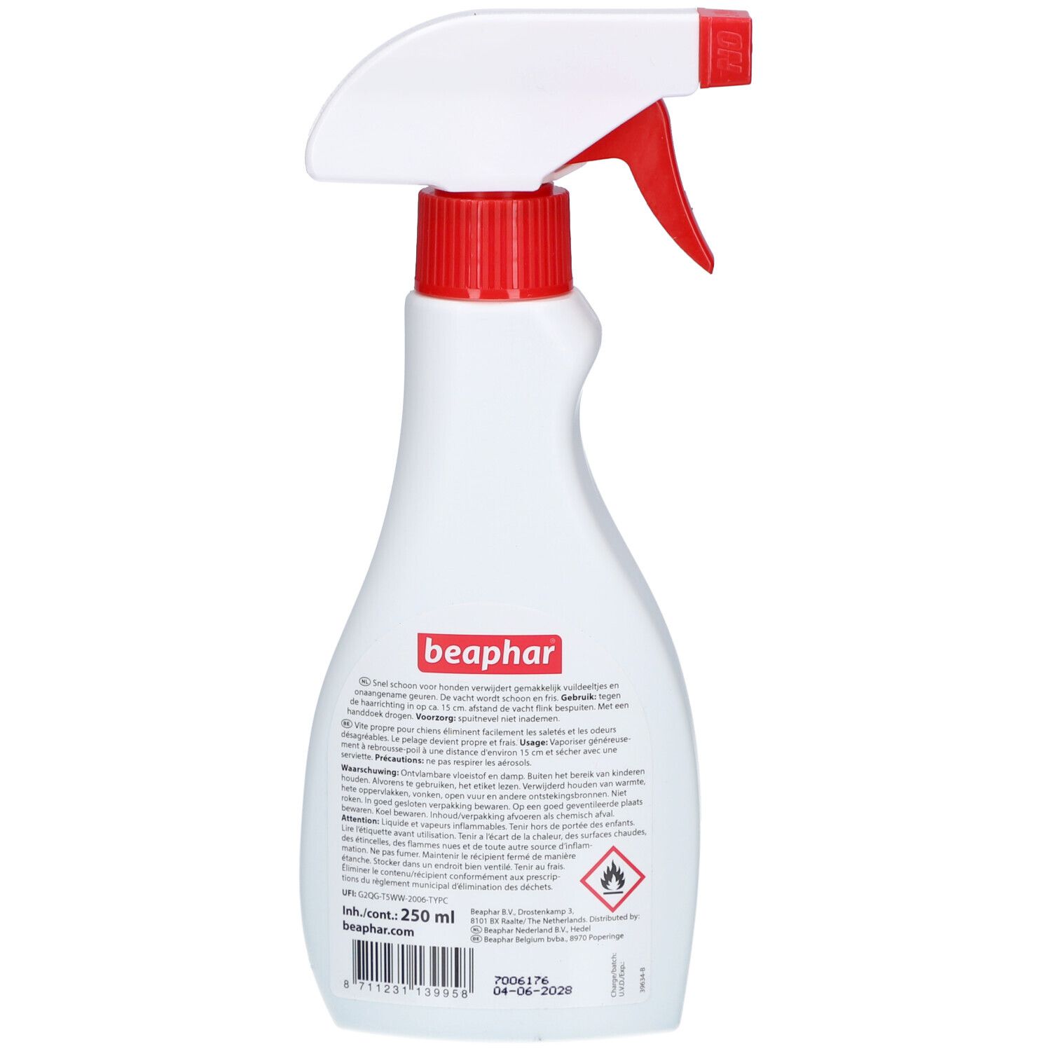Weisse Sprühflasche mit rotem Sprühkopf. Aufschrift 'beaphar'. Text und Piktogramme auf der Rückseite.