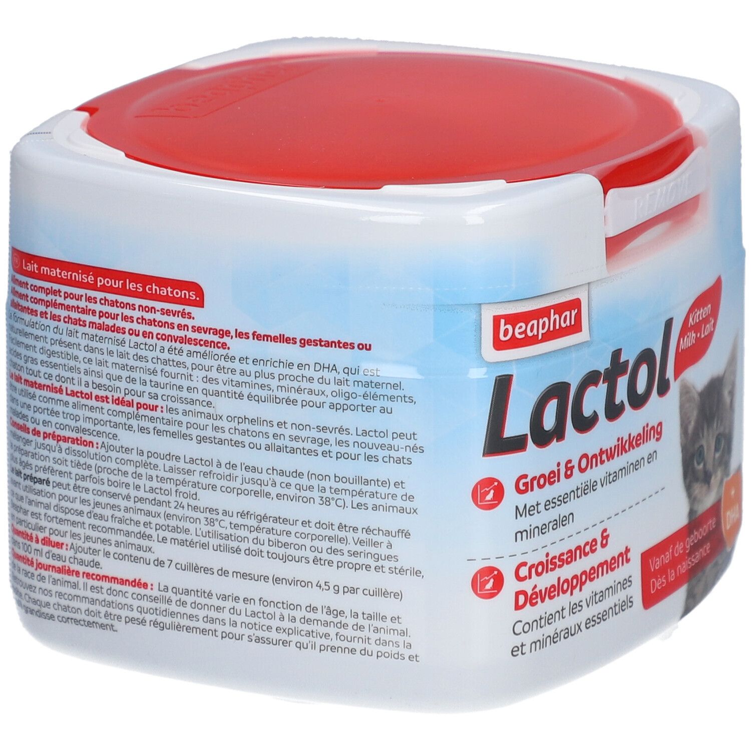 Beaphar Lactol Kitten Milk. Weiße Dose mit rotem Deckel. Text: Lait maternisé pour les chatons. Groei & Ontwikkeling. Kitten Milk. Rückseite mit Text.