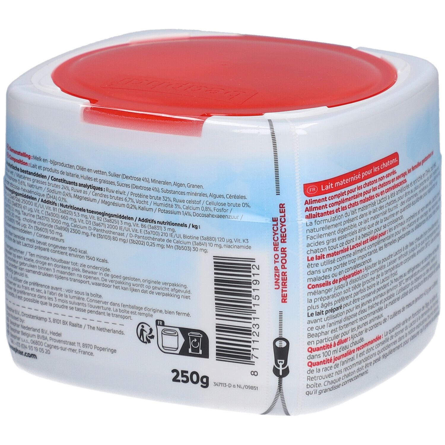 Rückseite der Lactol Kitten Milk Dose. Text: 250g. Unzip to recycle. Inhaltsstoffe und Nährwertangaben. Weißer Behälter mit rotem Deckel.