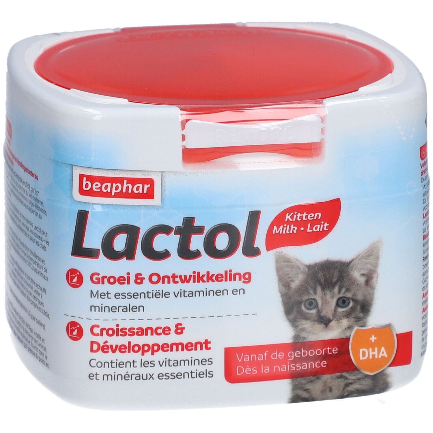 Beaphar Lactol Kitten Milk. Weiße Dose mit rotem Deckel. Kitten-Abbildung. Text: Kitten Milk, Groei & Ontwikkeling, Croissance & Développement.