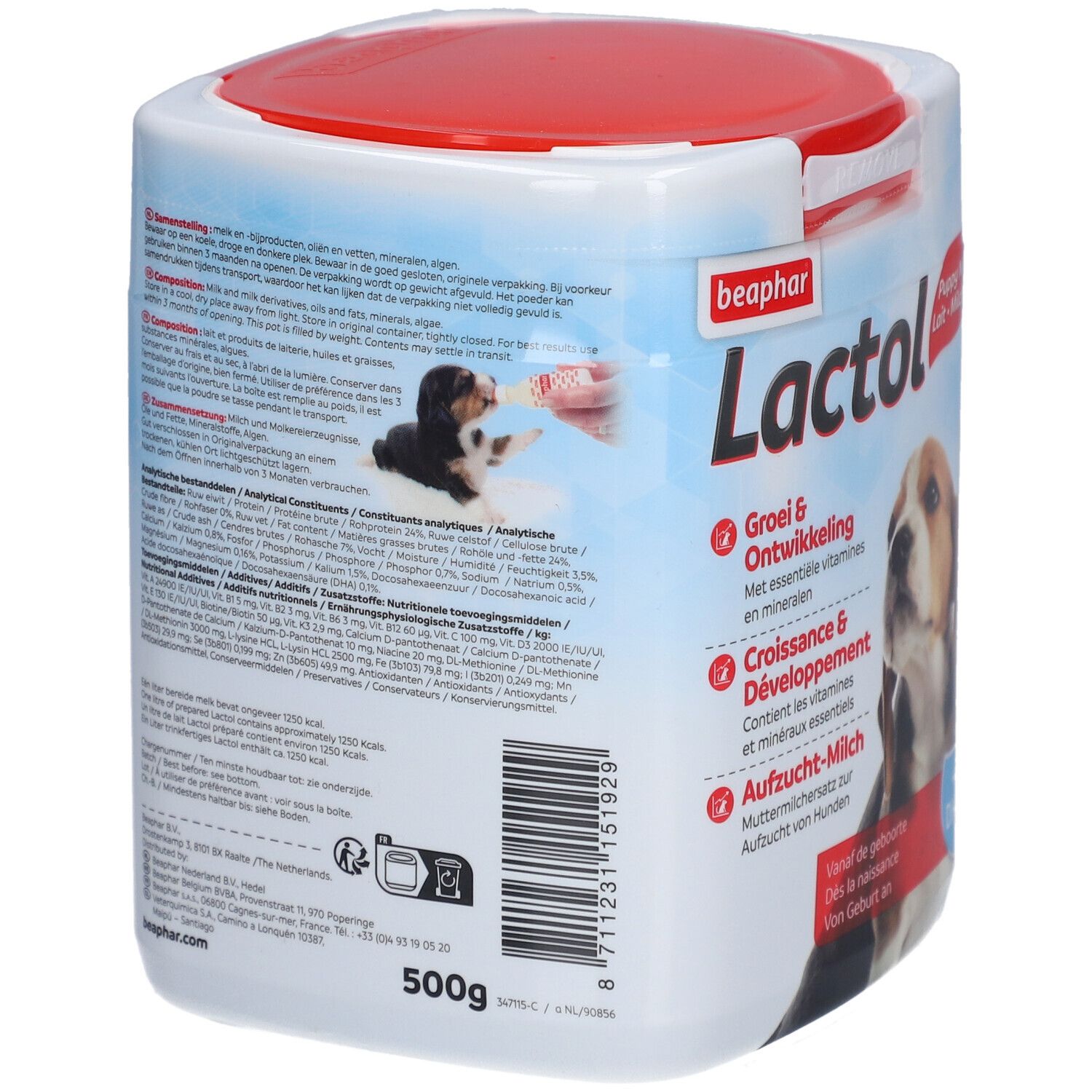 Beaphar Lactol, pot met rode deksel. Productinformatie en voedingswaarden op de achterkant. 500g.