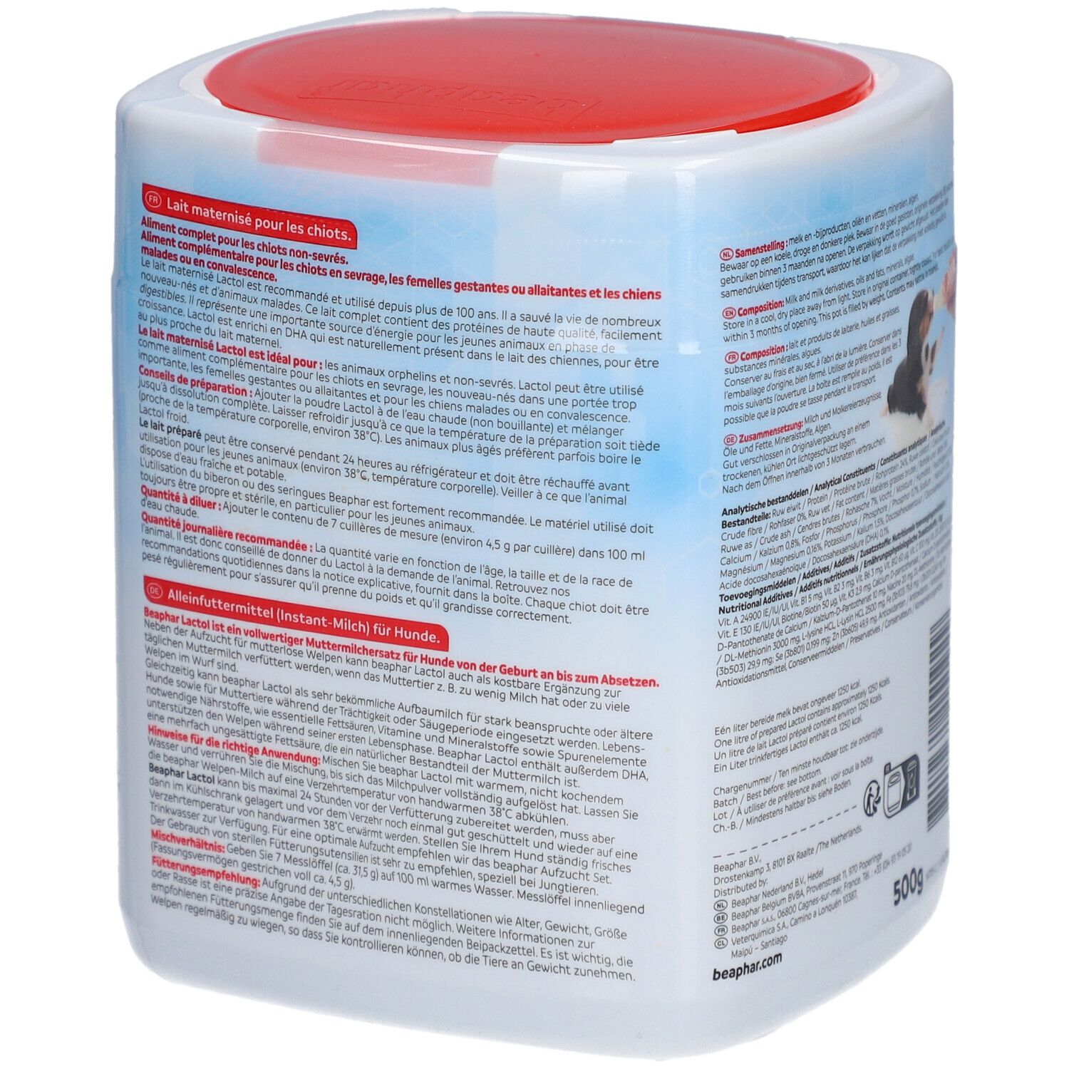 Beaphar Lactol, pot met rode deksel. Tekst met productinformatie op de achterkant. 500g.
