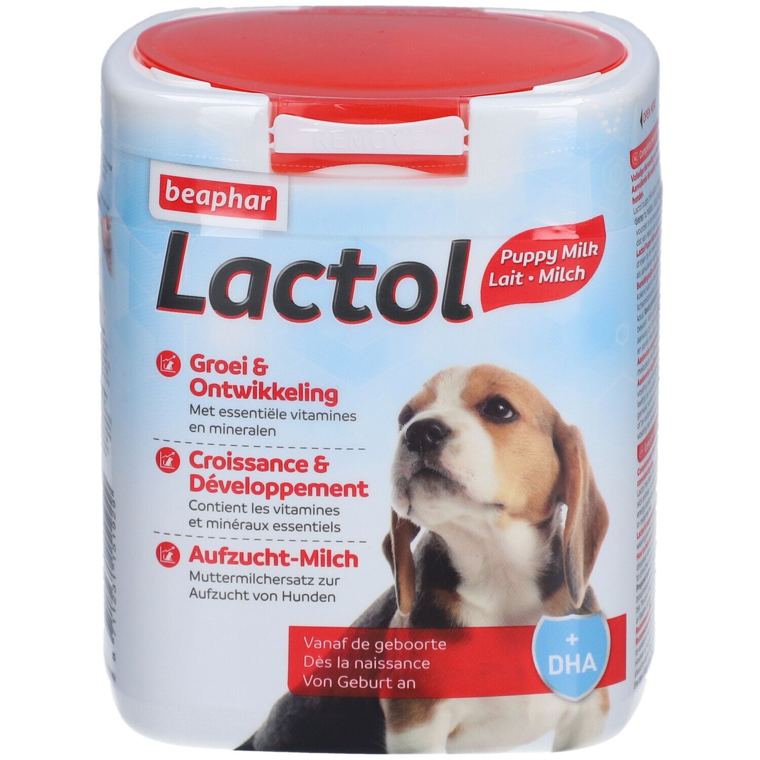 Beaphar Lactol puppy melk, pot met rode deksel. Bevat vitaminen en mineralen. Vanaf de geboorte.