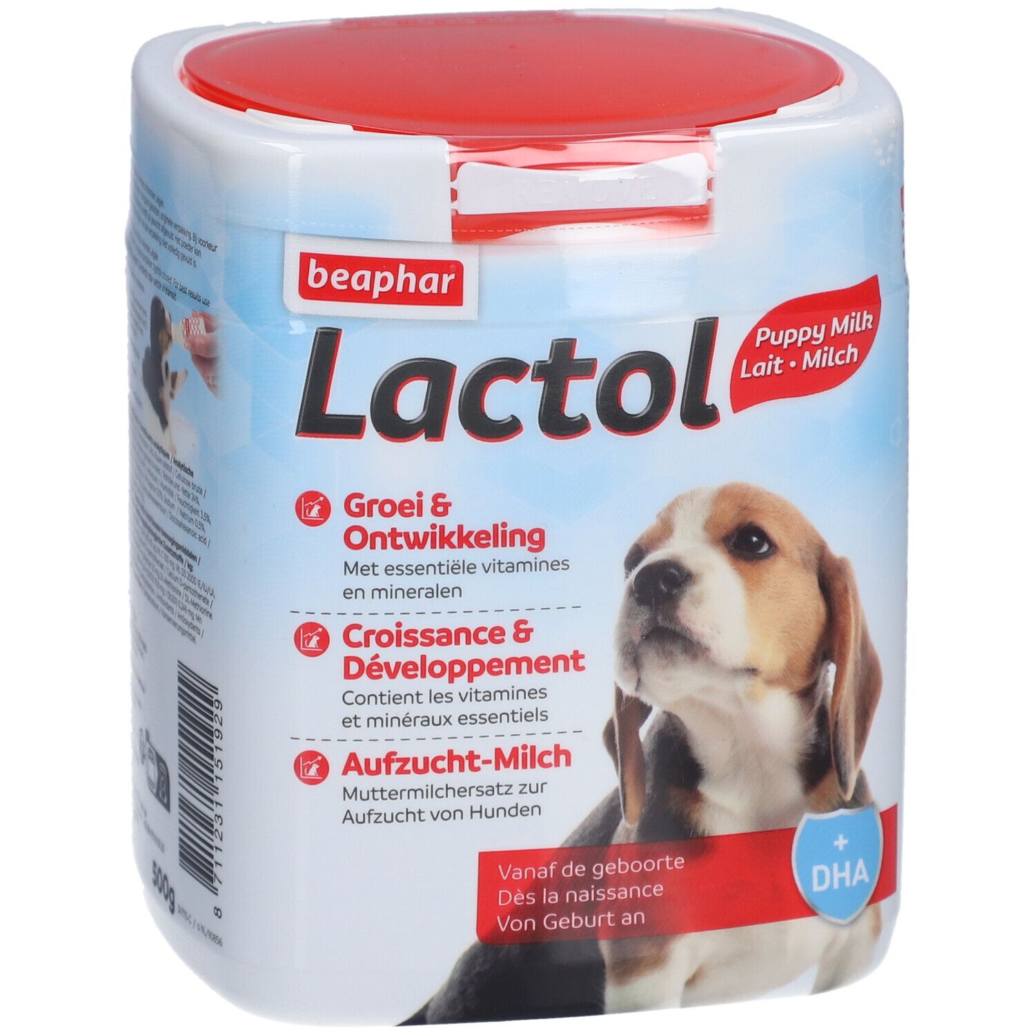 Beaphar Lactol puppy melk, pot met rode deksel. Bevat vitaminen en mineralen. Vanaf de geboorte.