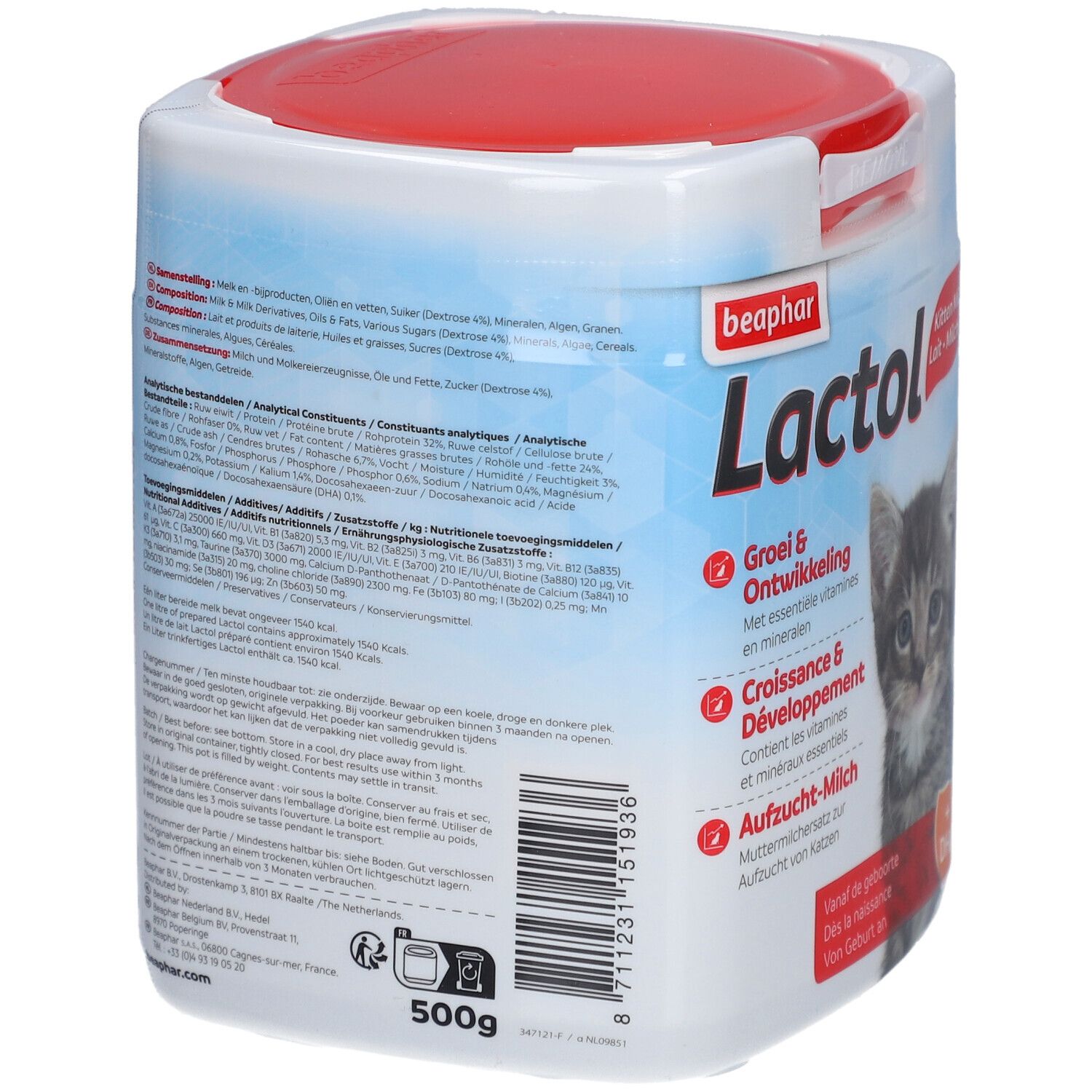 Beaphar Lactol, kittenmelk. Verpakking met rode deksel. Achterkant met tekst, ingrediënten en voedingswaarde. 500g.