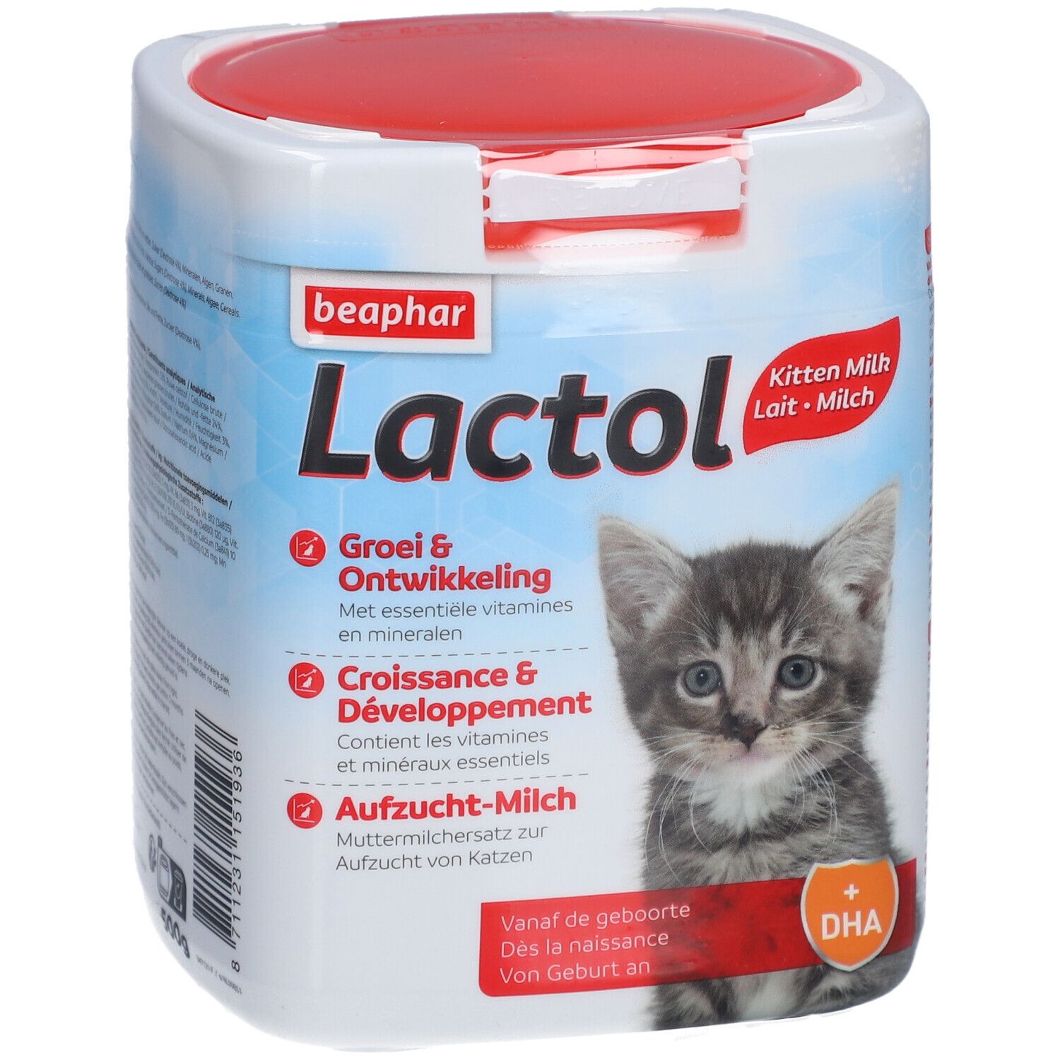 Beaphar Lactol, kittenmelk. Verpakking met rode deksel, kat-illustratie. Tekst: Groei & Ontwikkeling, Croissance & Développement, Aufzucht-Milch.