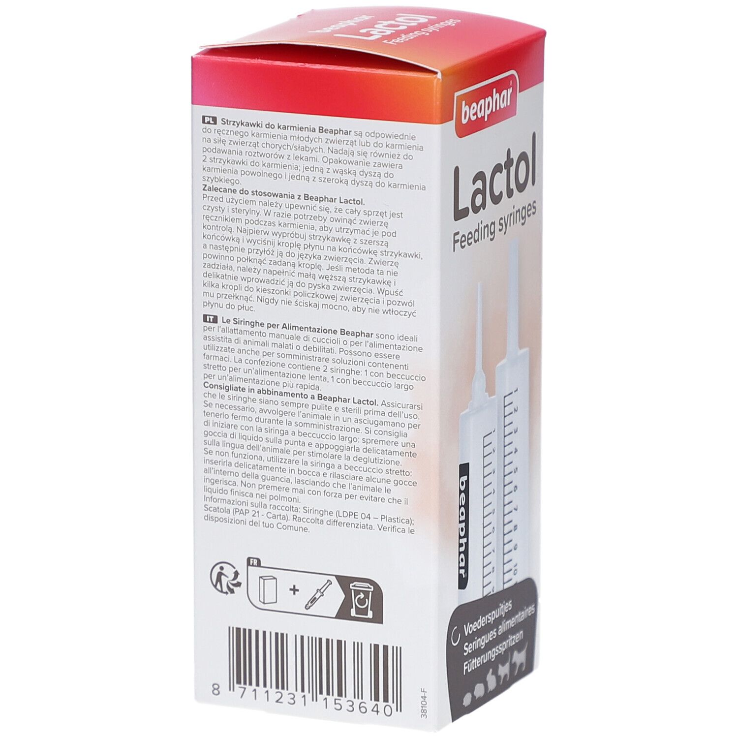 Rückseite der Kartonverpackung mit Text in mehreren Sprachen. Abbildung von zwei Spritzen. Barcode und Herstellerinformationen.