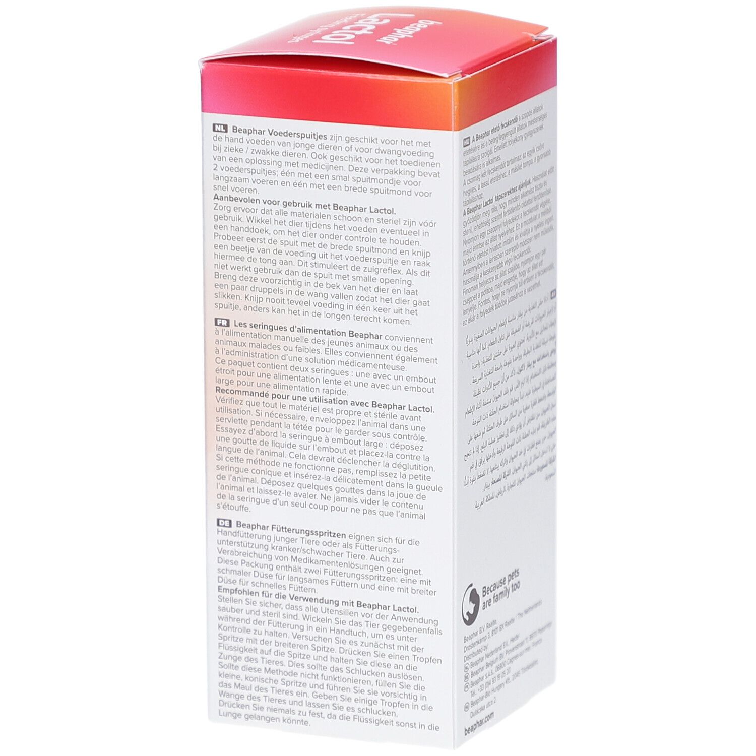 Seite der Kartonverpackung mit Text in mehreren Sprachen. Text über die Verwendung der Spritzen. Recycling-Symbol.