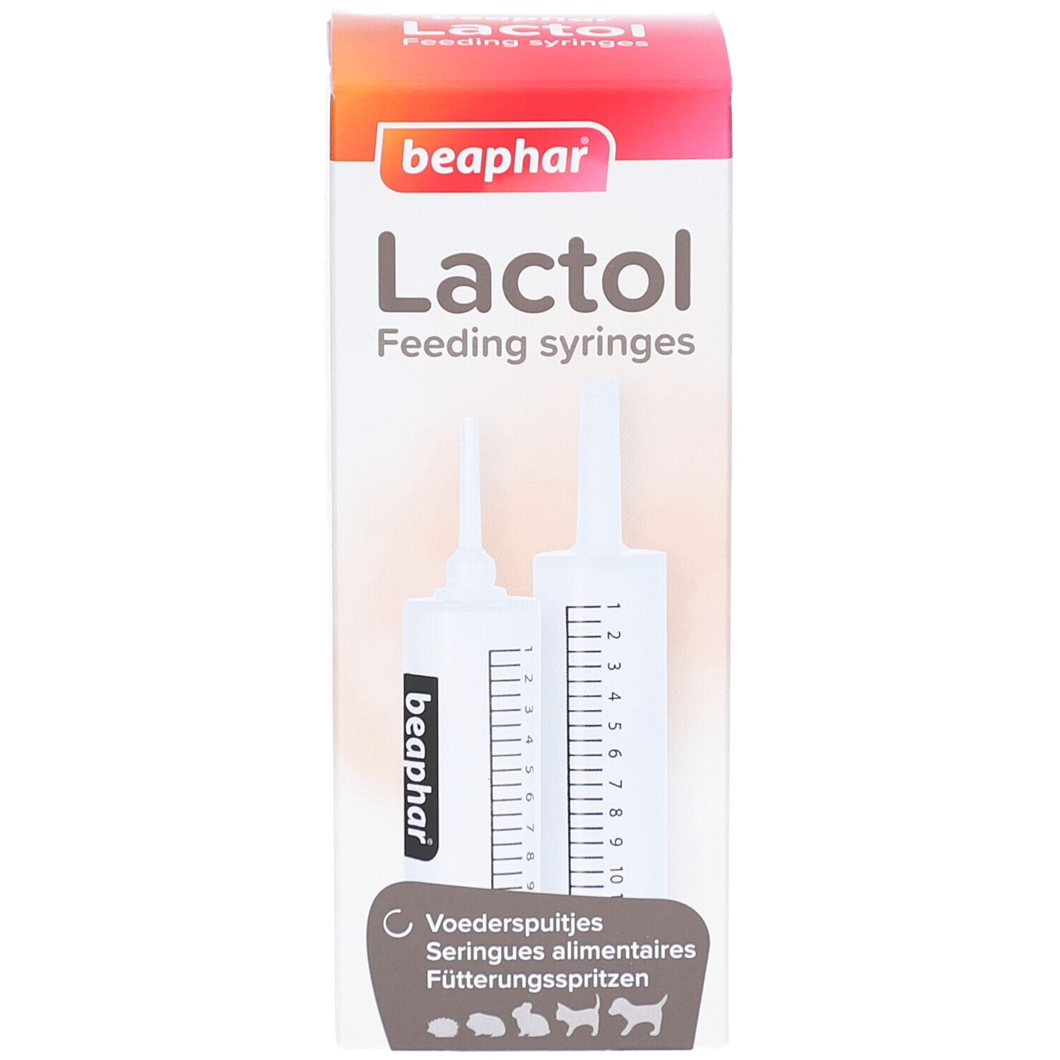 Kartonverpackung mit zwei weißen Fütterungsspritzen. Aufschrift "beaphar Lactol Feeding syringes". Skala von 1 bis 10.