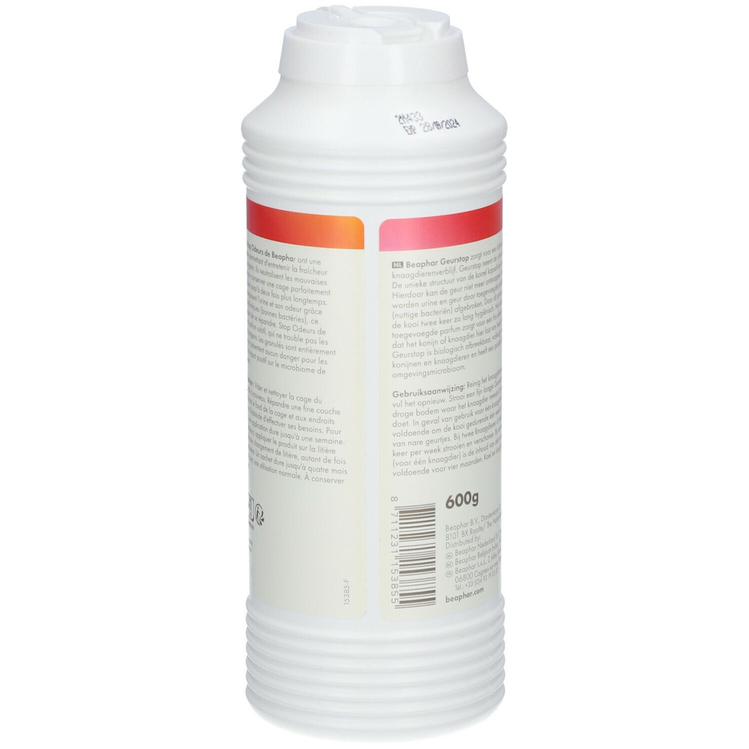 Weiße Flasche mit Granulat. Rückseite mit Text und Gewichtsangabe 600g. Beaphar-Logo.