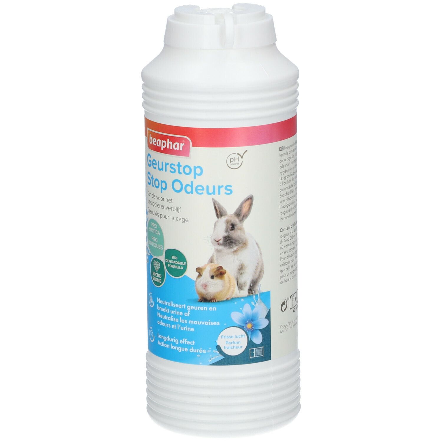 Weiße Flasche mit Granulat. Aufschrift: beaphar Geurstop Stop Odeurs. Abbildung von Kaninchen und Meerschweinchen.