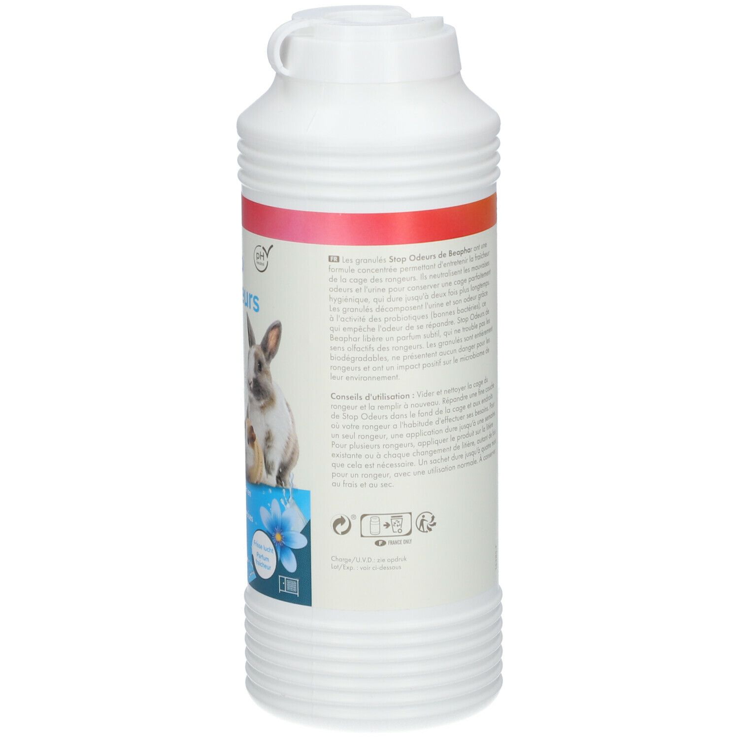 Weiße Flasche mit Granulat. Rückseite mit Text und Abbildung von Kaninchen und Meerschweinchen. Beaphar-Logo.