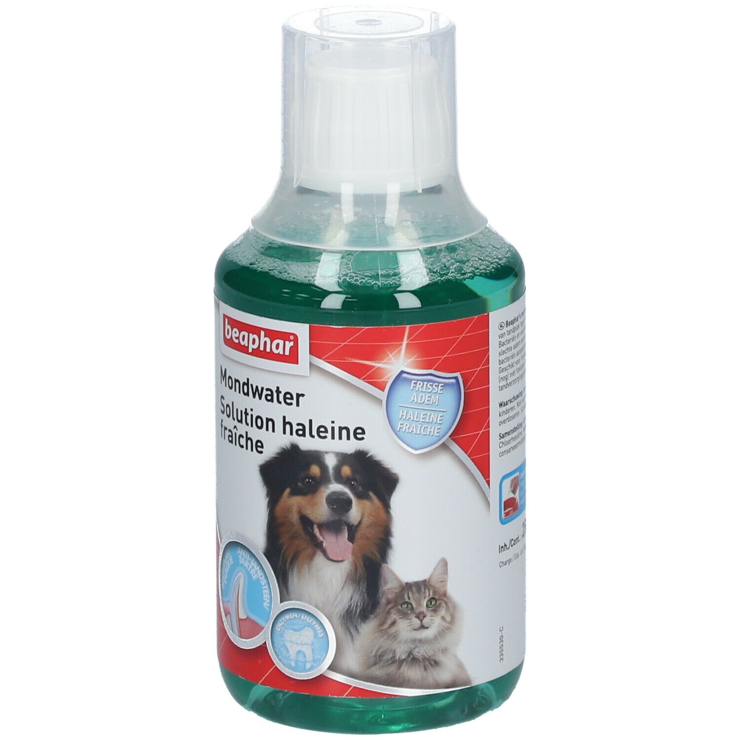 Grüne Flüssigkeit in einer Flasche mit weißem Deckel. Aufschrift: beaphar, Mondwater, Solution haleine fraîche. Hund und Katze.