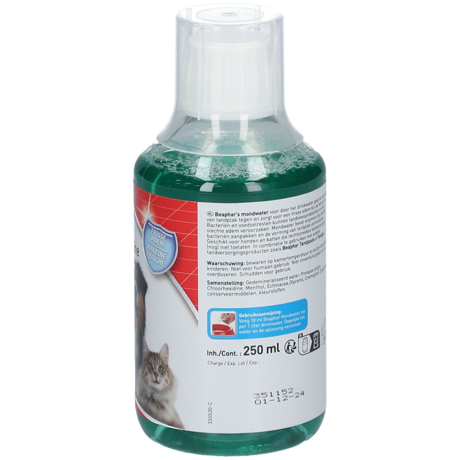 Rückseite einer grünen Flüssigkeitsflasche mit weißem Deckel. Text in mehreren Sprachen. Beaphar-Logo. 250 ml.