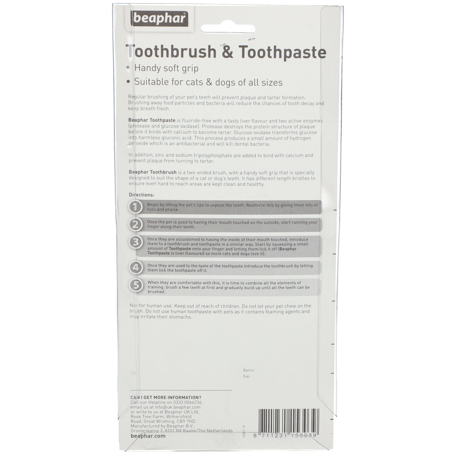 Rückseite der Produktverpackung. Textinformationen zu Zahnbürste und Zahnpasta. Gebrauchsanweisung und Barcode.