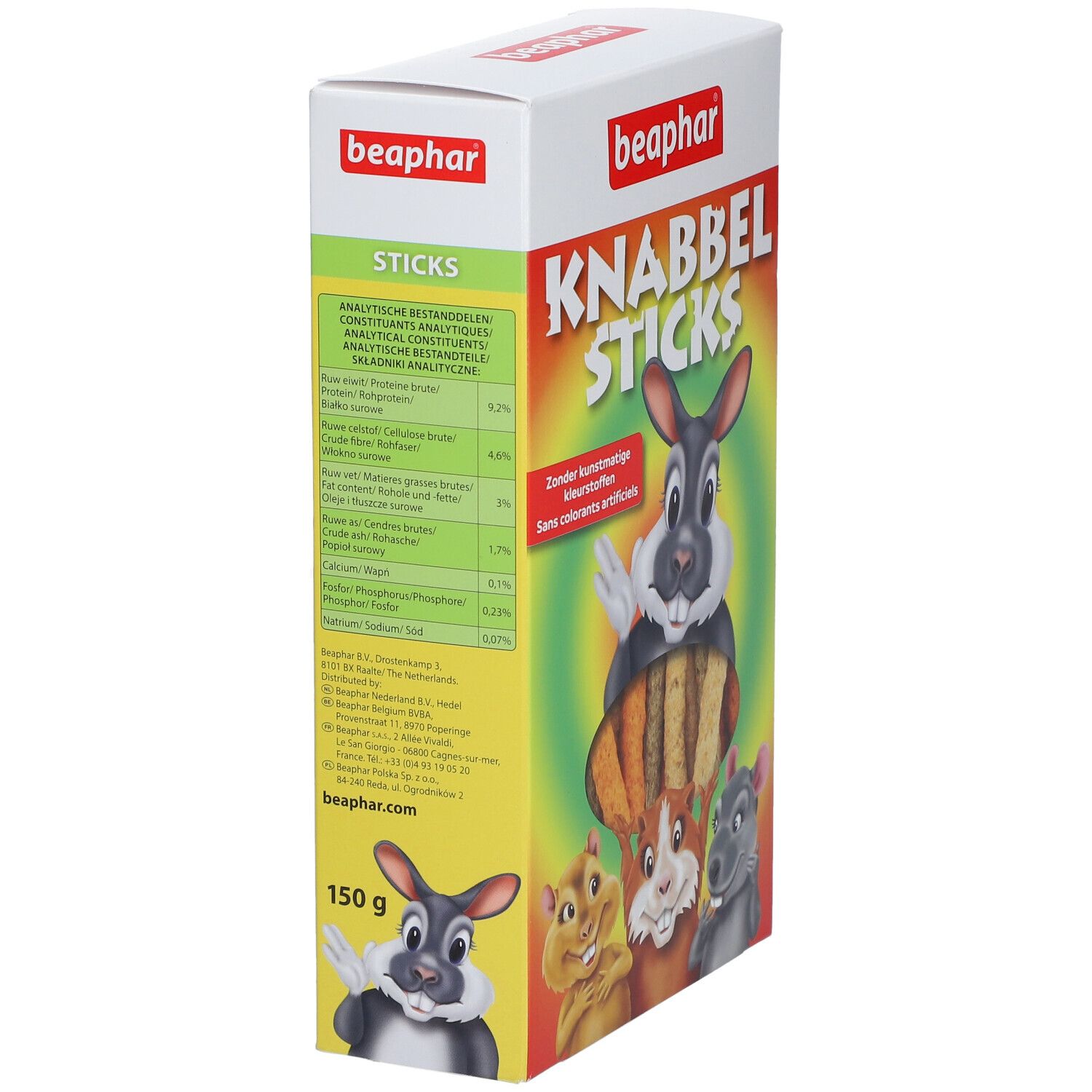 Zijaanzicht van de verpakking. Opdruk: "beaphar" en "Knabbel Sticks". Tekst: analytische bestanddelen en ingrediënten. Gewicht: 150 g.