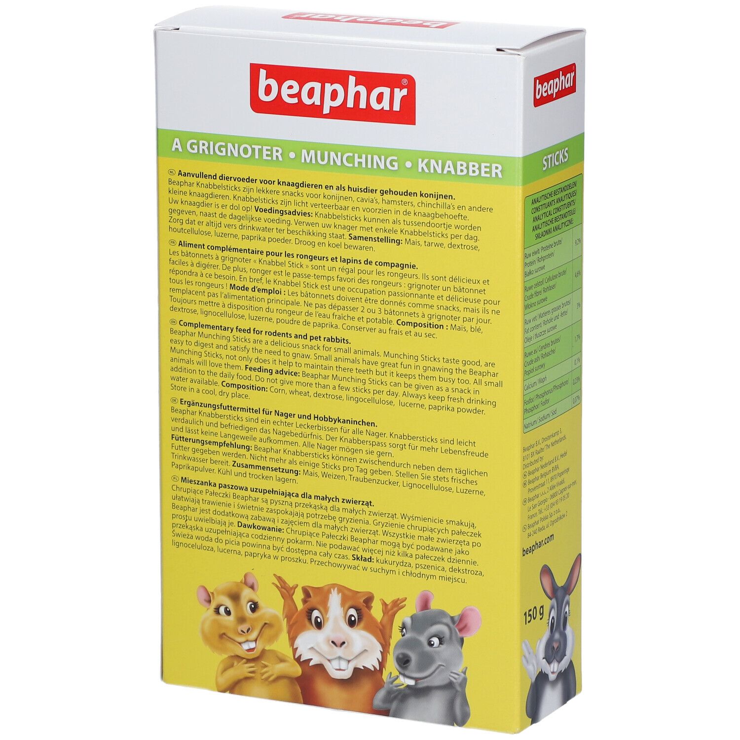 Achterkant van de verpakking. Tekst: informatie over voeding voor knaagdieren en konijnen. Afbeeldingen van konijn, hamster, cavia en muis. Gewicht: 150 g.