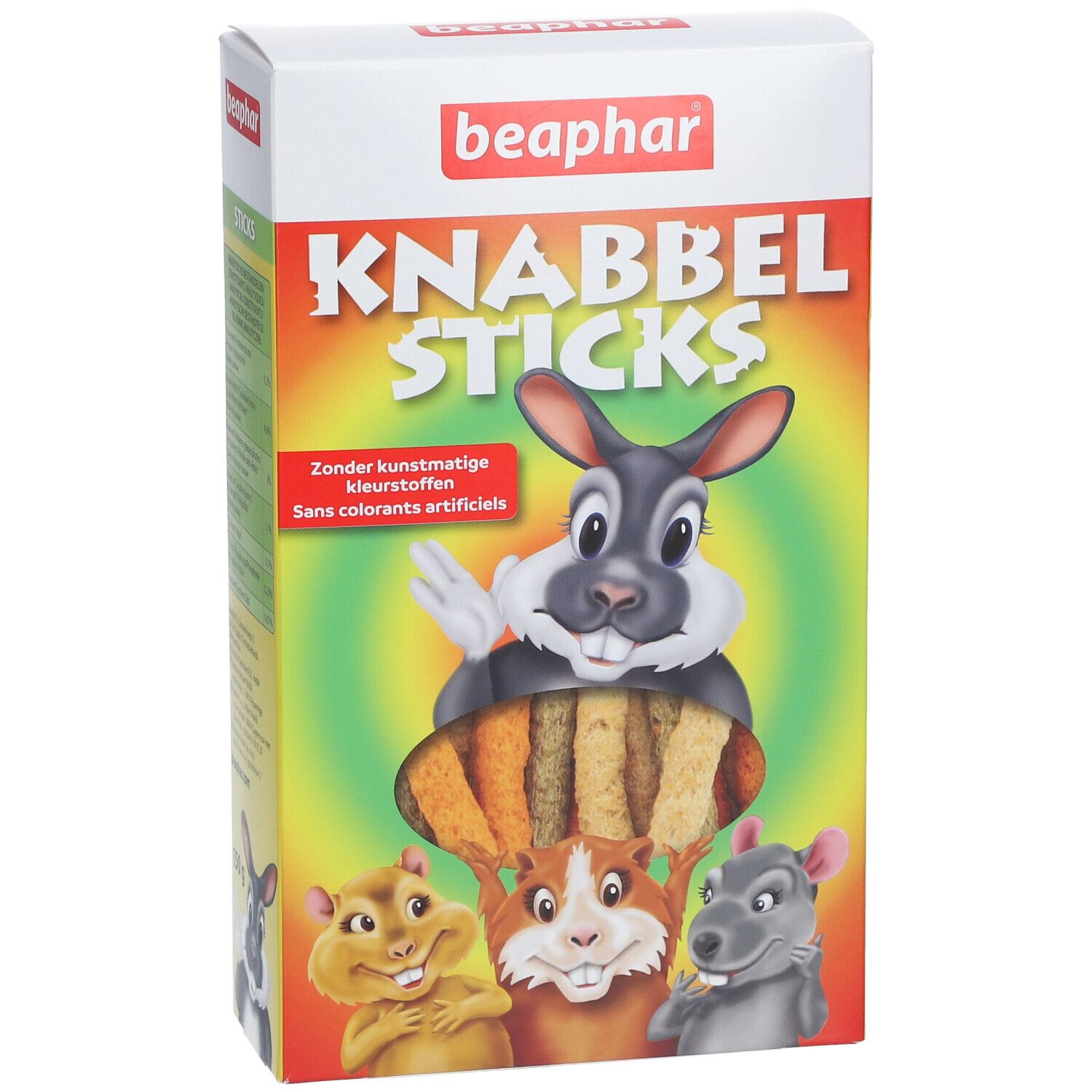 Verpakking met "Knabber Sticks". Afbeelding van konijn, hamster, cavia en muis. Tekst: "Zonder kunstmatige kleurstoffen". 