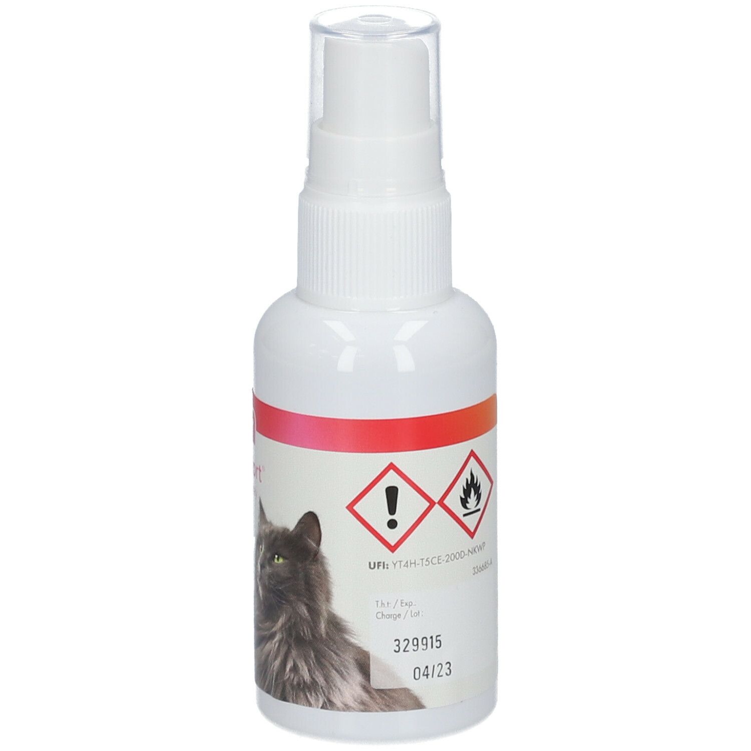 Witte sprayfles met opschrift "beaphar CatComfort". Bevat kalmerende spray voor katten. Met gevaarsymbolen.