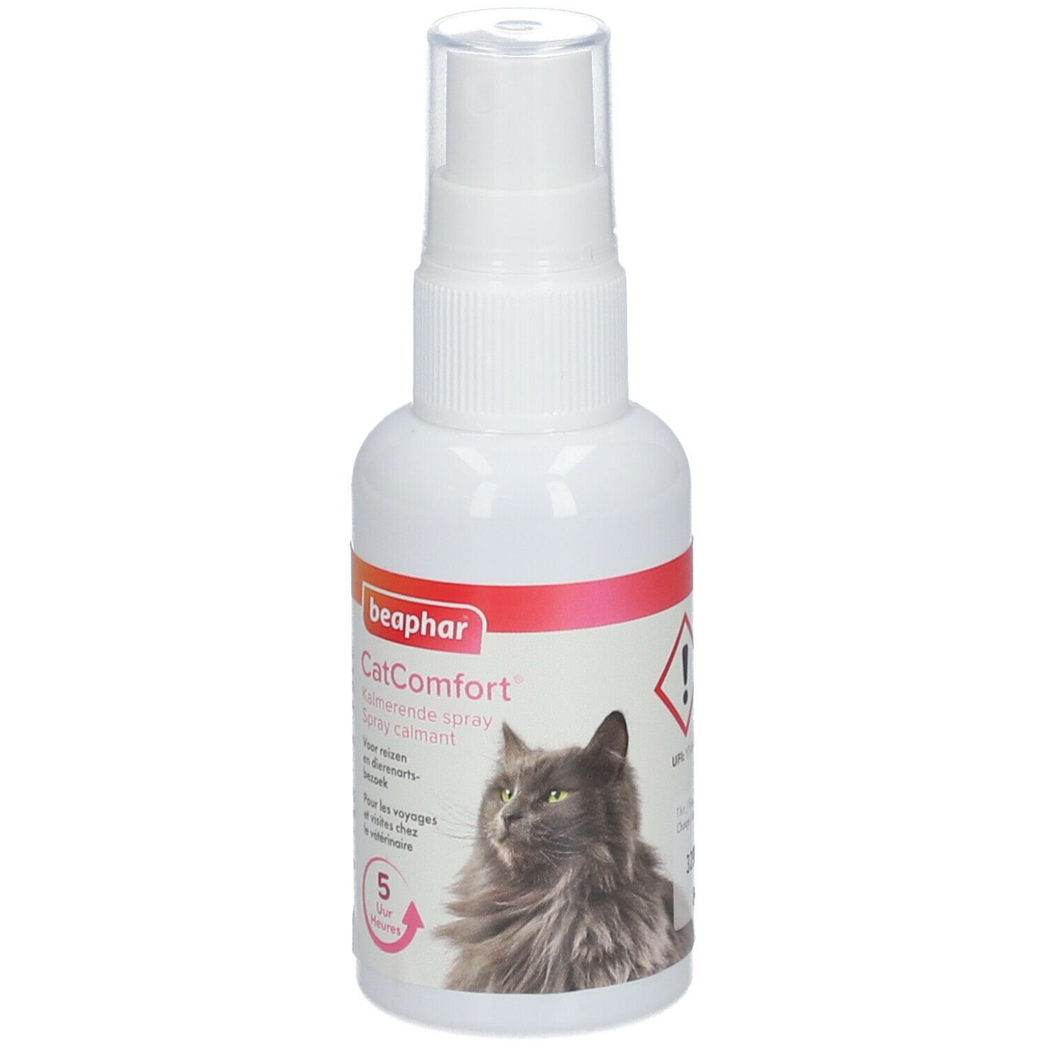 Witte sprayfles met opschrift "beaphar CatComfort". Bevat kalmerende spray voor katten. Met gevaarsymbolen.