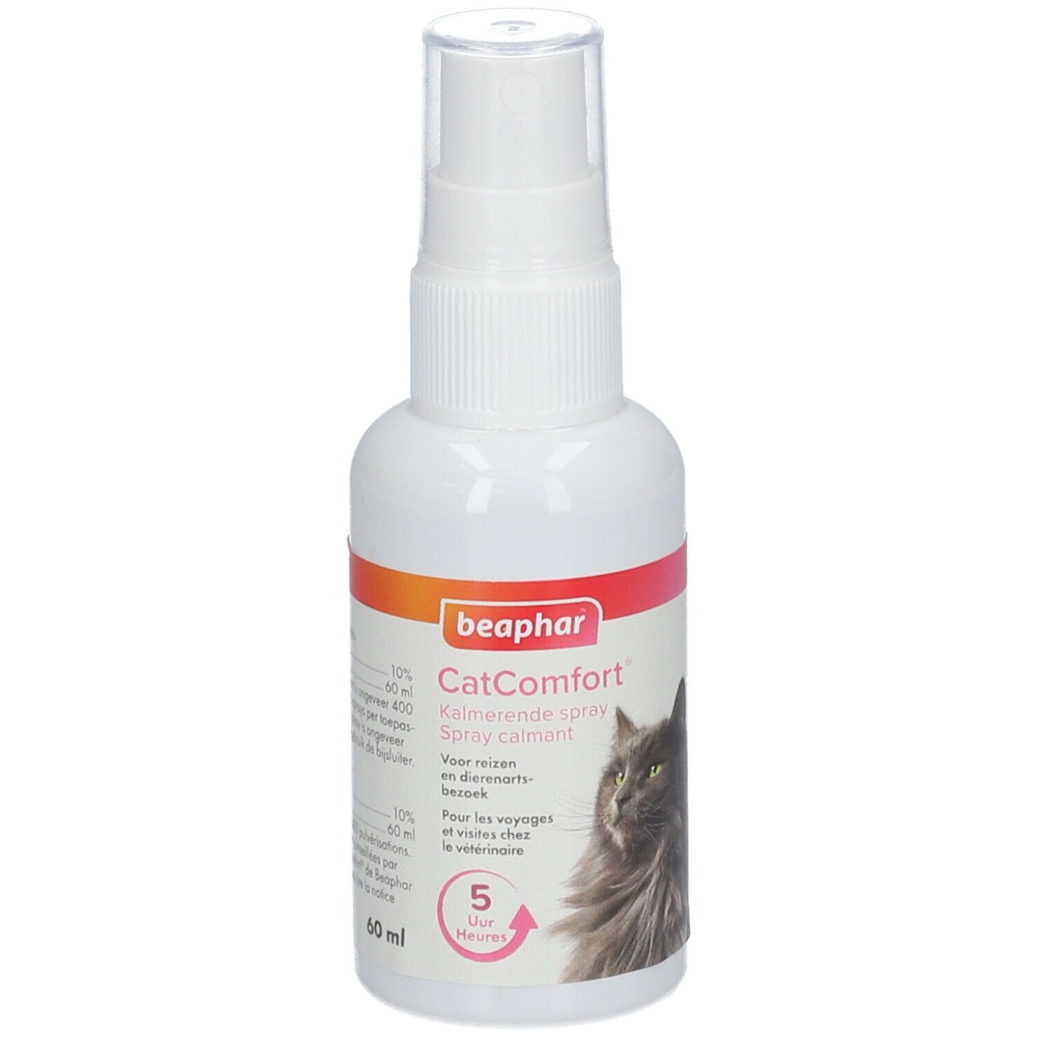 Witte sprayfles met opschrift "beaphar CatComfort". Bevat kalmerende spray voor katten. Met samenstelling.