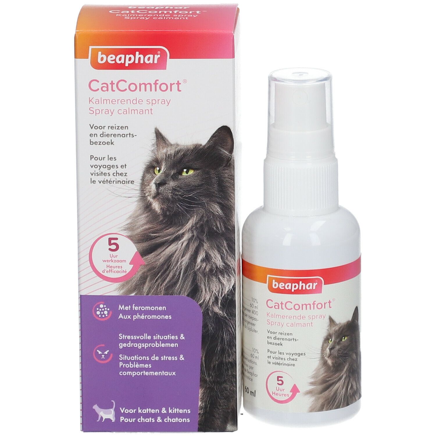 Productverpakking en sprayfles "beaphar CatComfort". Bevat kalmerende spray voor katten. Met tekst en illustraties.