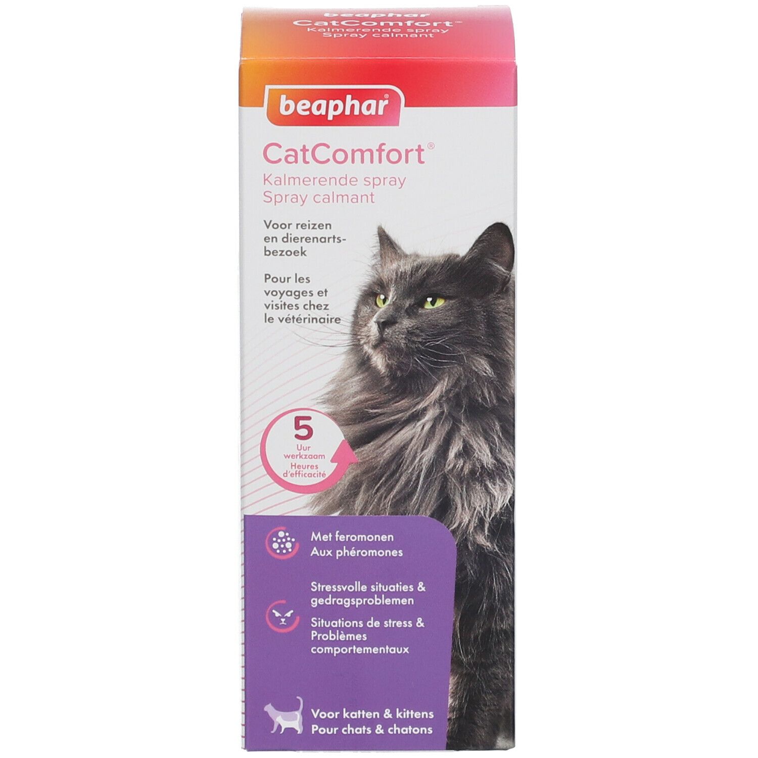 Productverpakking "beaphar CatComfort". Bevat kalmerende spray voor katten. Met tekst en illustraties.