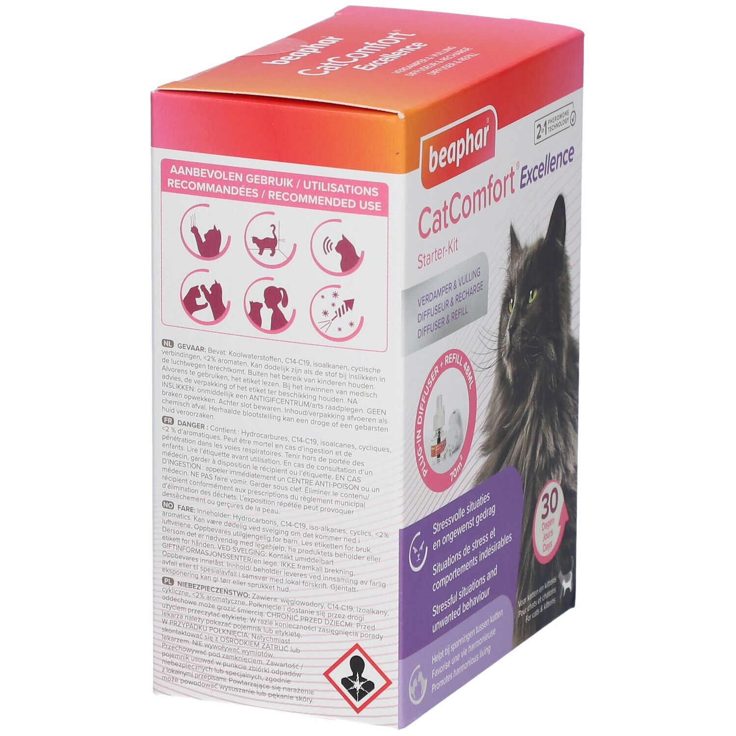 Beaphar CatComfort Starter-Kit doos. Achterkant met pictogrammen en tekst. Diffuser en navulling. 30 dagen.
