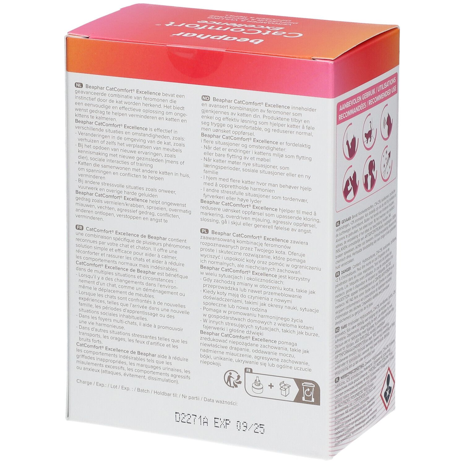 Beaphar CatComfort Starter-Kit doos. Achterkant met tekst. Diffuser en navulling. Houdbaar tot 09/25.