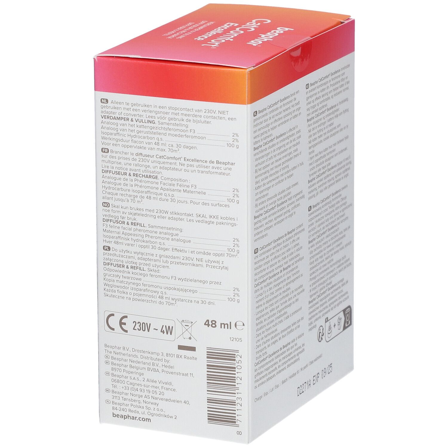Beaphar CatComfort Starter-Kit doos. Zijkant met tekst. Diffuser en navulling. 48 ml. CE-markering.