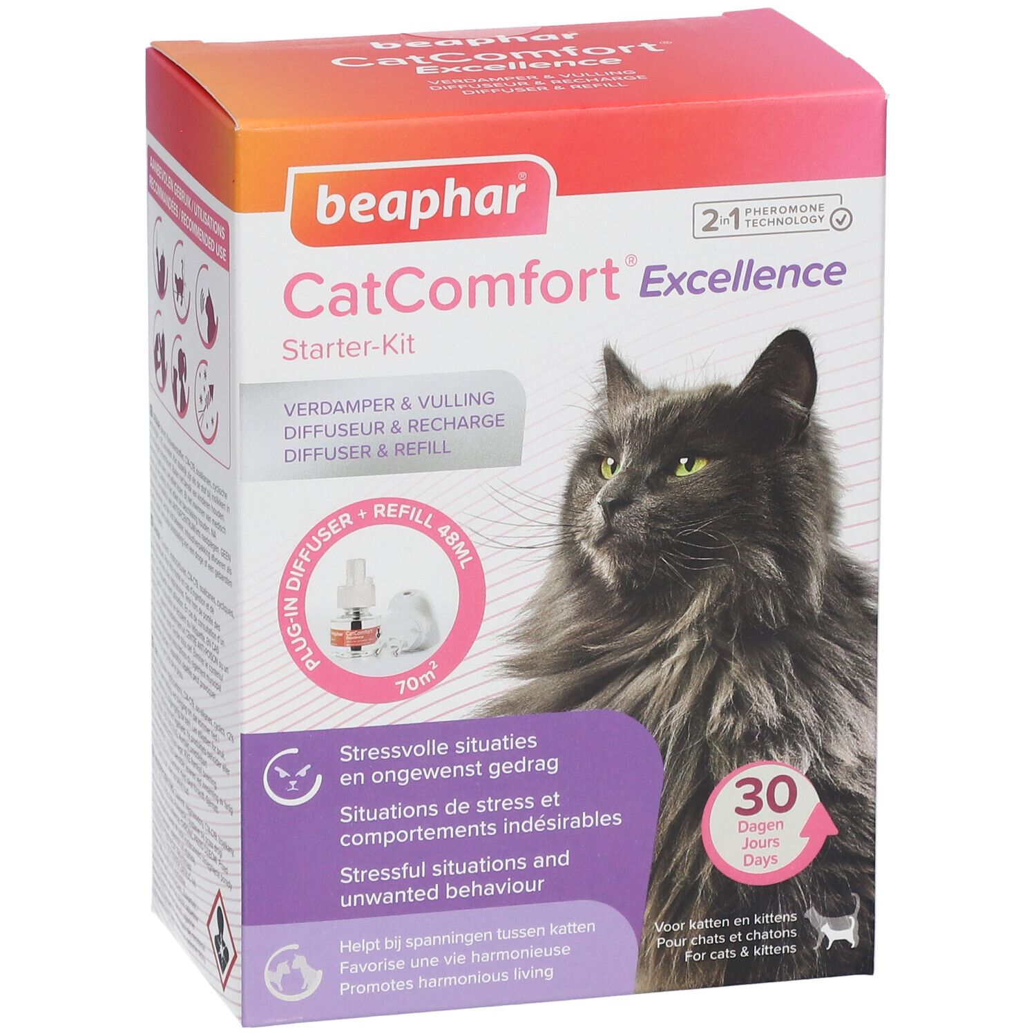 Beaphar CatComfort Starter-Kit doos. Diffuser en navulling. Afbeelding van kat. 30 dagen. Voor katten en kittens.