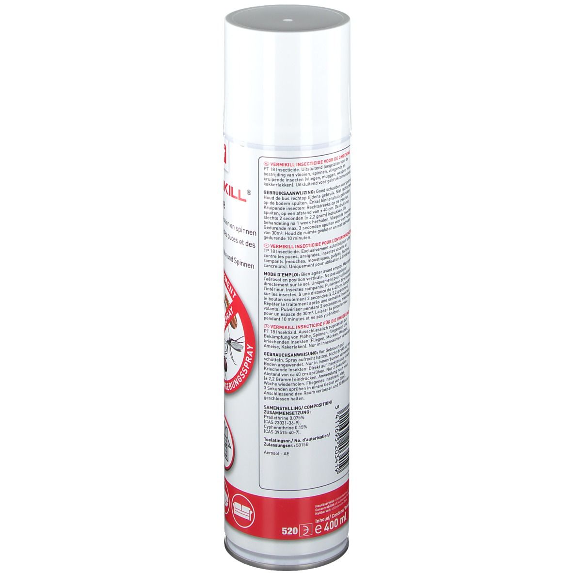 Bombe de spray blanche avec texte. Informations produit et code-barres au dos. Bande rouge en bas.