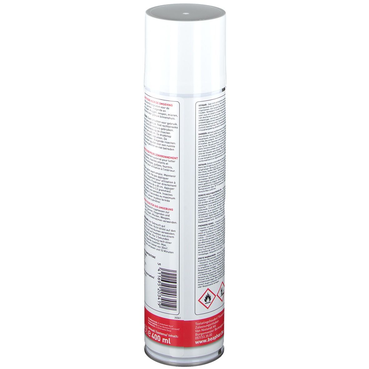 Bombe de spray blanche avec texte. Informations produit et code-barres au dos. Bande rouge en bas.