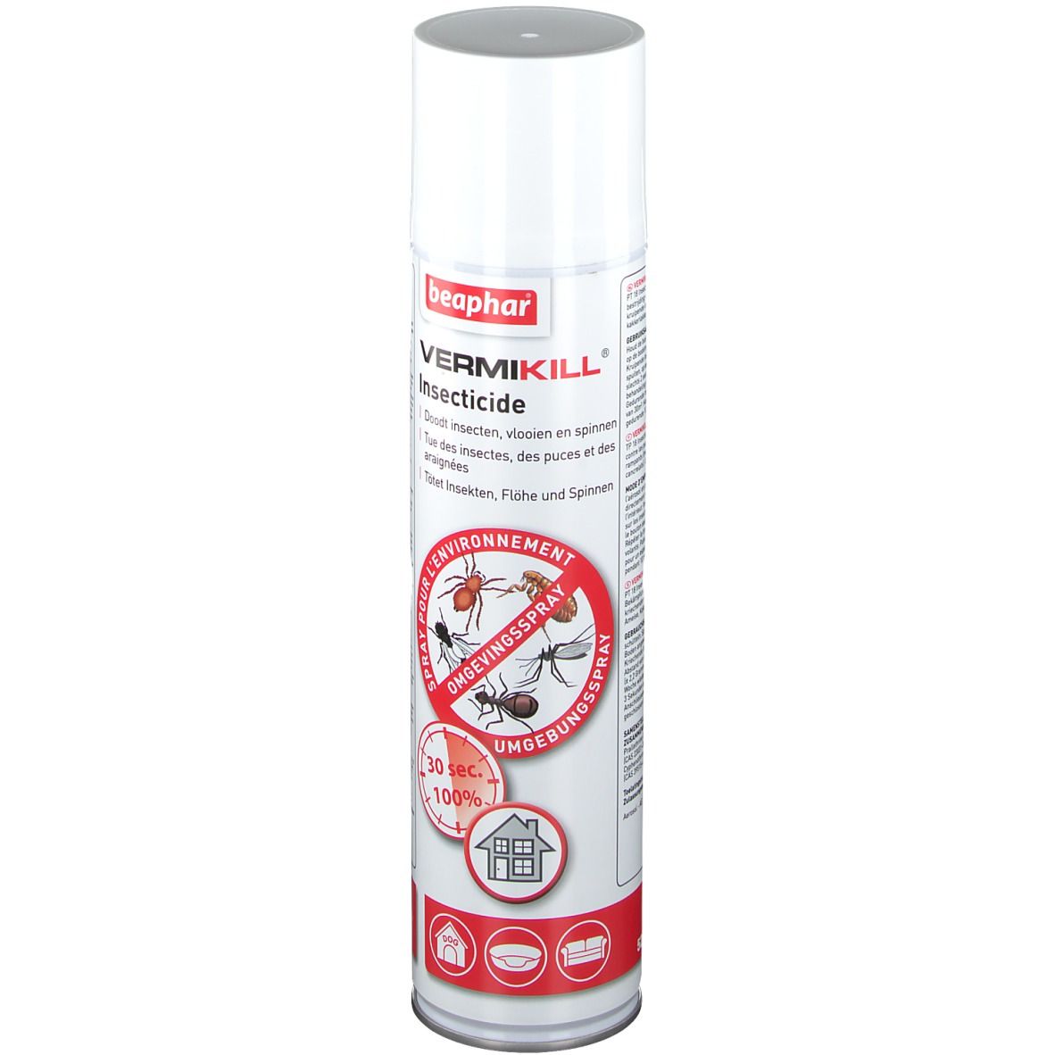 Bombe de spray blanche avec texte rouge et blanc. Nom du produit: Vermikill Insecticide. Illustration d'insectes.